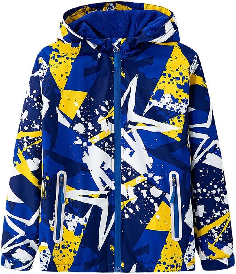 Boys Water Resistant Jacket Fleece Lined Coat Kids Lightweight Jacket Outdoor Warm Hooded Windbreaker