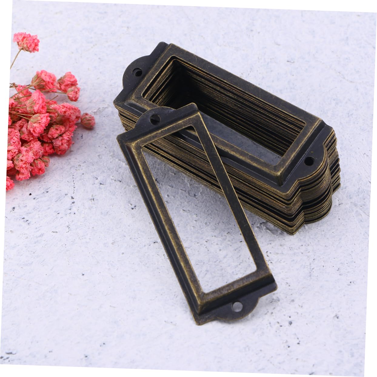 Cabilock 30 Pcs Vintage Style Brushed Gold Iron Label Handle Cabinet Drawer Pulls Screws Antique Brass File Tag Holder for Jewelry Box Dresser Knobs