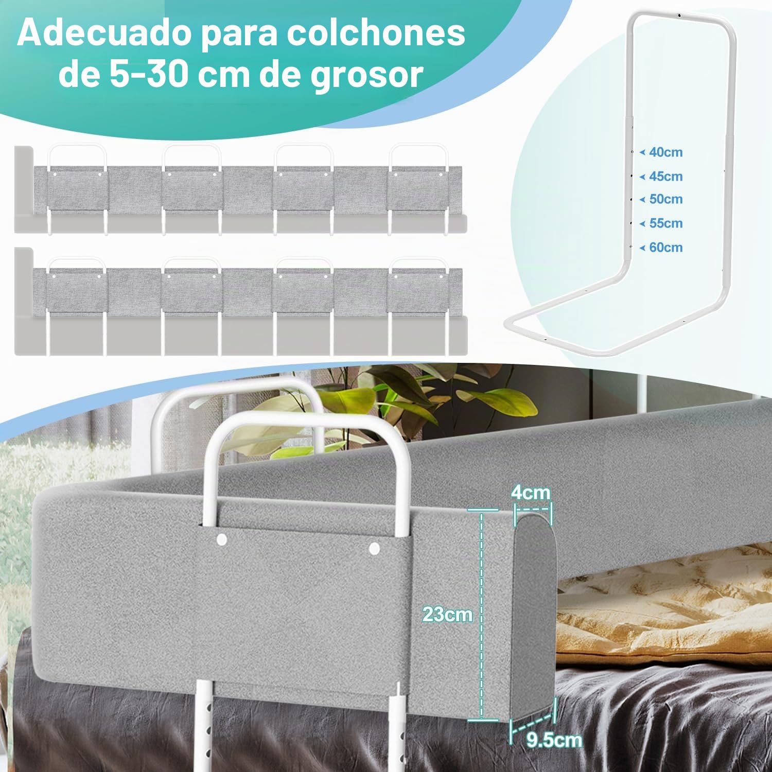 Barrera de cama 200cm Protector de cama barandilla anticaídas cama para niños deformable protección bordes de cama altura ajustable barandilla de seguridad cama con somier barandilla cama