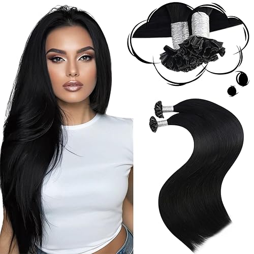 Moresoo Extensiones de cabello humano con punta en U de 24 pulgadas, color 1 negro oscuro, extensiones de cabello humano real con queratina,