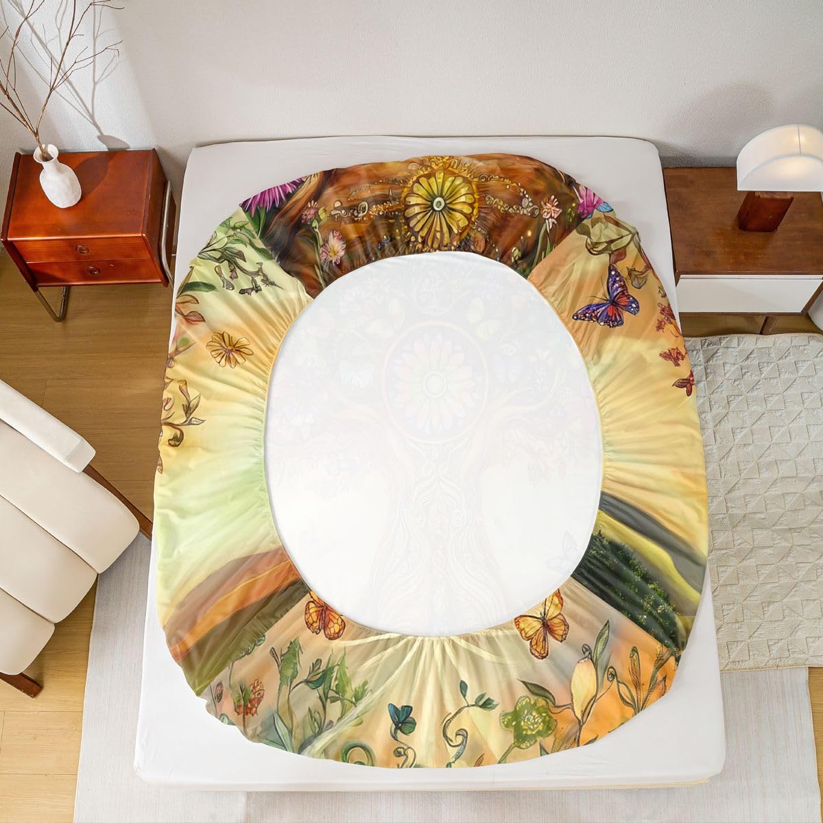 Homewish Kolorowe drzewo wzór podwójne płaskie prześcieradło z gumką boho natura botaniczny styl prześcieradła głęboka kieszeń 16 cali (40 cm), kwiatowy zestaw pościeli botanicznych zachód słońca