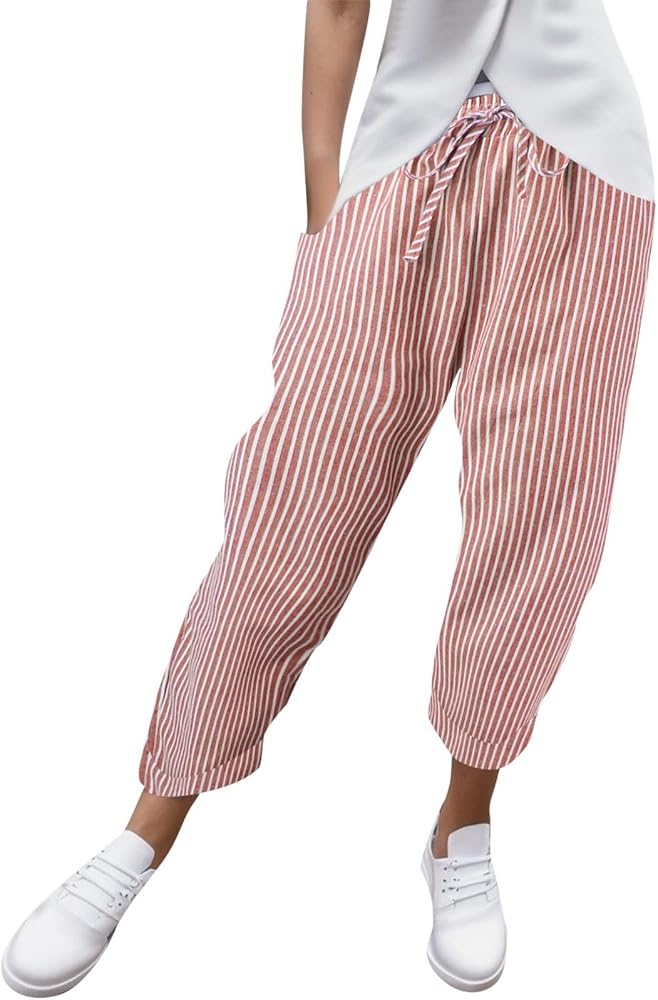 Generisch Pantalons De Jogging Pour Femmes Pantalons De Loisirs Combinaison Large Femmes Été Rayures Imprimés Jambes Larges Taille Haute Pantalon Baggy Décontracté Avec Poches Pantalons Sports Femmes