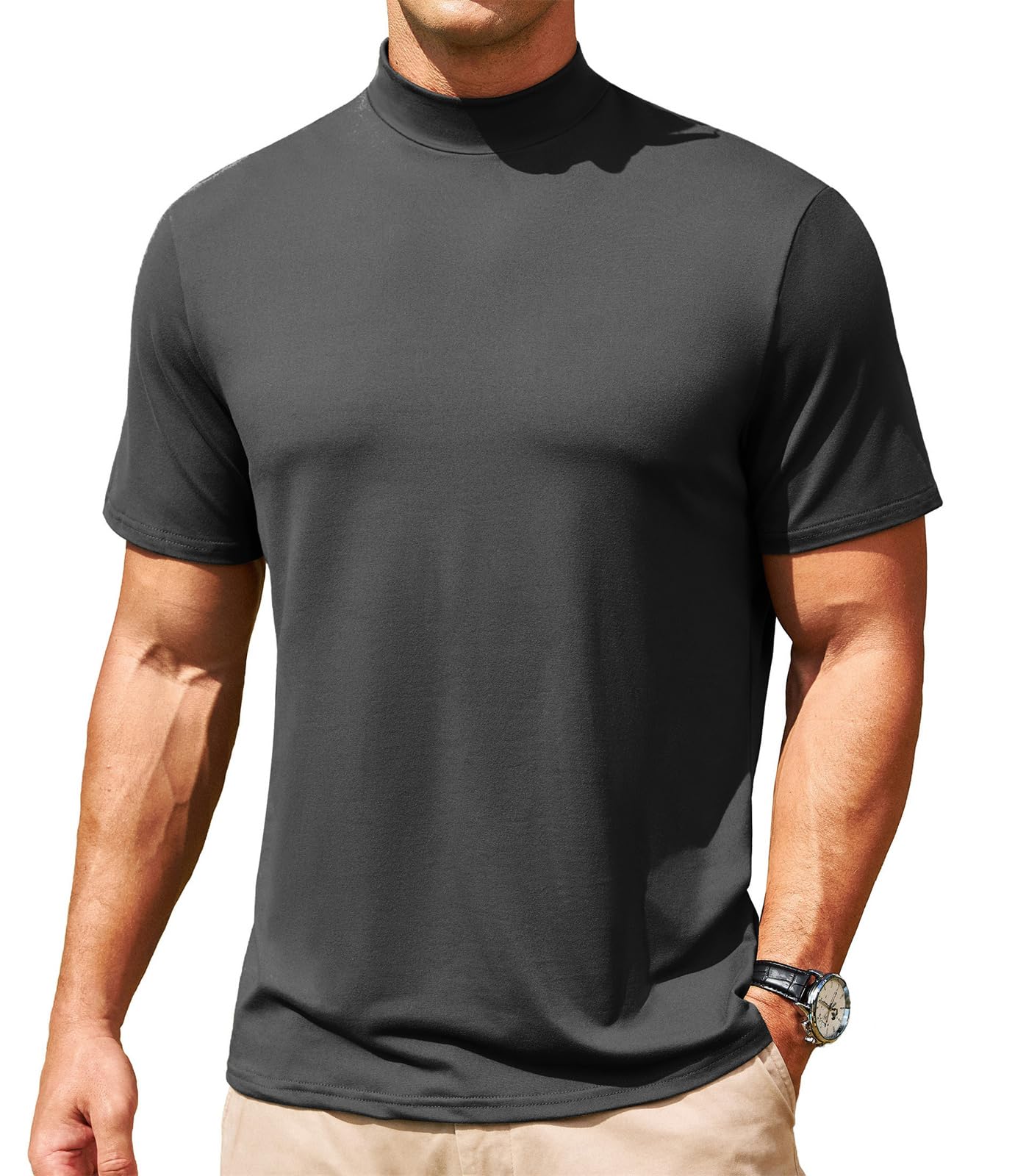 CTU Herren T-Shirt mit Stehkragen Kurzarm Slim Fit Männer Rollkragenshirt Halb Kragen Pullover Unifarben Basic Oberteile