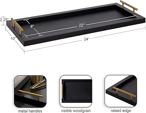 Miniatura 2 de Kate and Laurel Halsey - Bandeja rectangular de madera decorativa con asas de metal pulido 17 x 13 pulgadas negro y dorado bandeja rectangular