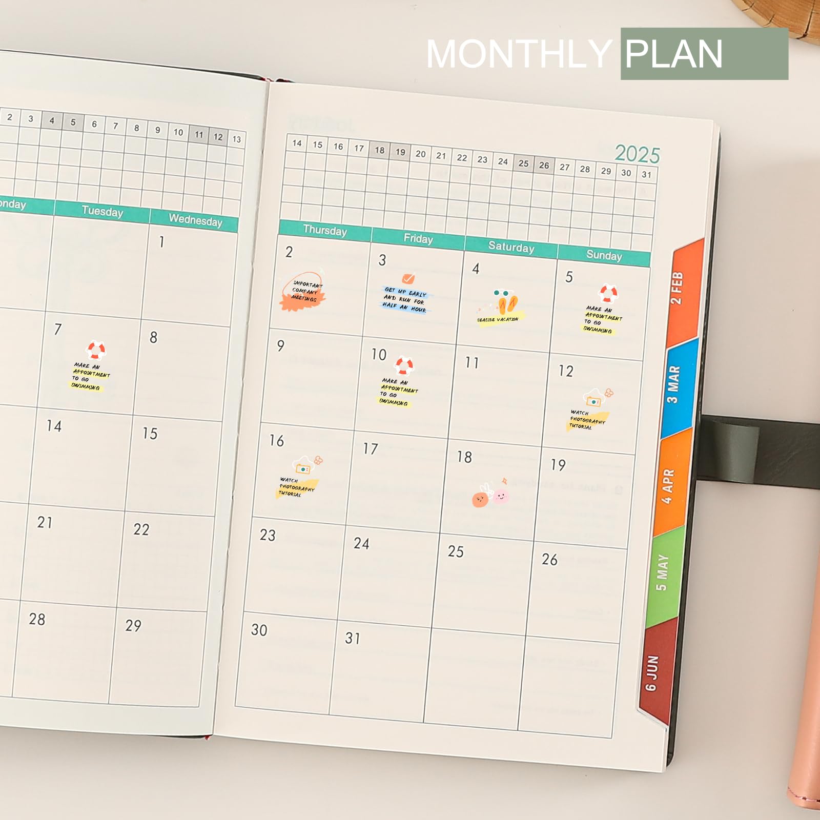 Mljtoyo Agenda 2025, 2025, formato A5, pagina al giorno, planner mensile settimanale con penna, agenda giornaliera con adesivi, 3 segnalibri, tasca posteriore, linguette mensili colorate, agenda