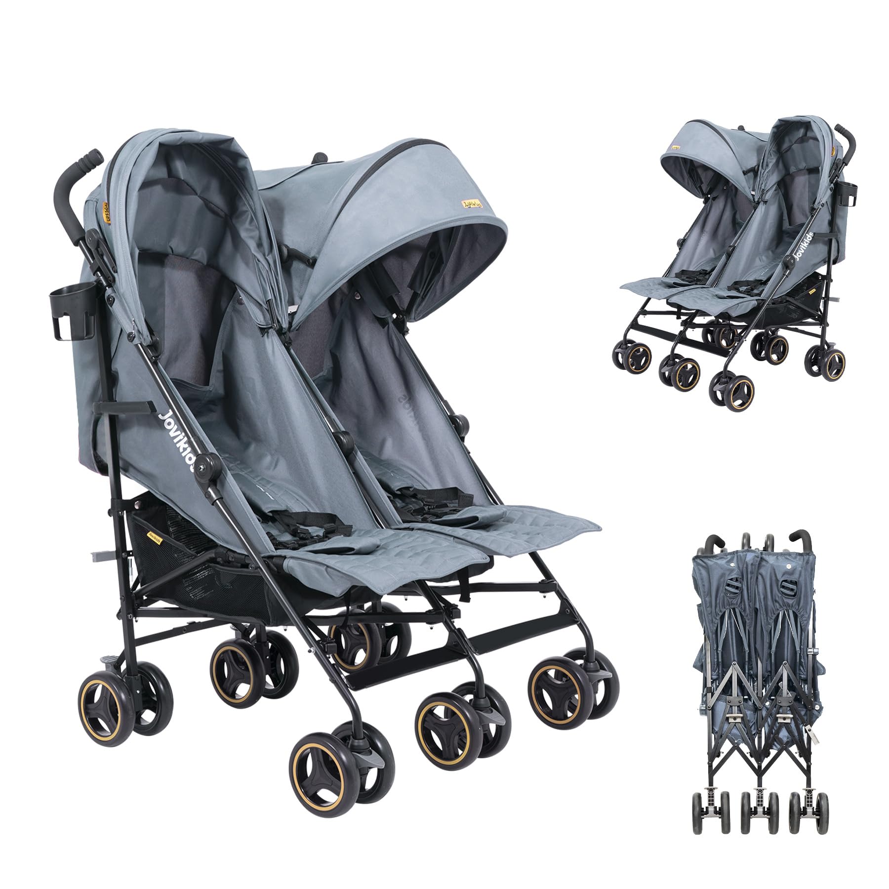 Jovikids Poussette double avec fonction allongée, pliable, avec pare-soleil, capote de pluie et porte-gobelet