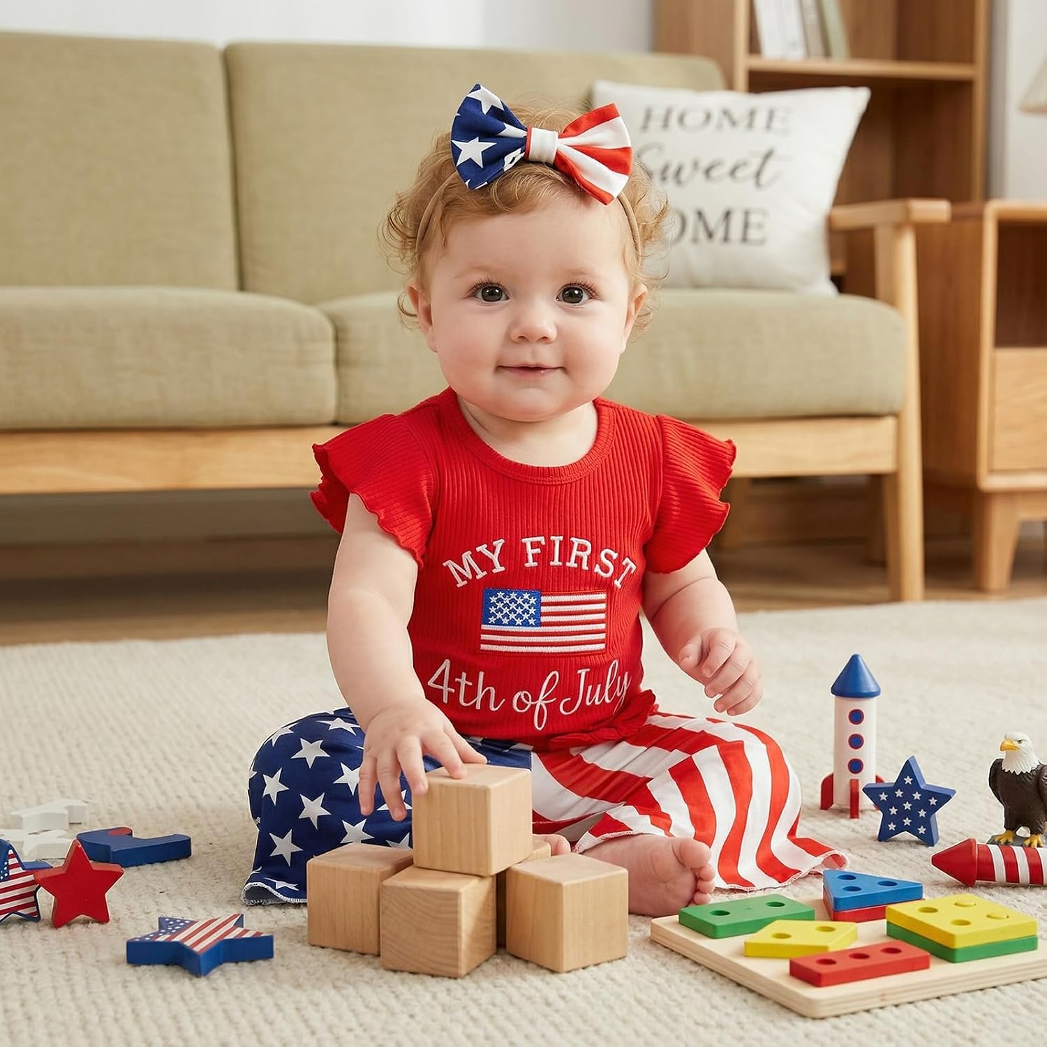 Amnnchya Baby Girl 4th Of July Outfit American Flag Short Sleeve Ribbed Romper Stars Stripes Bell Bottom Headband 3Pcs Set