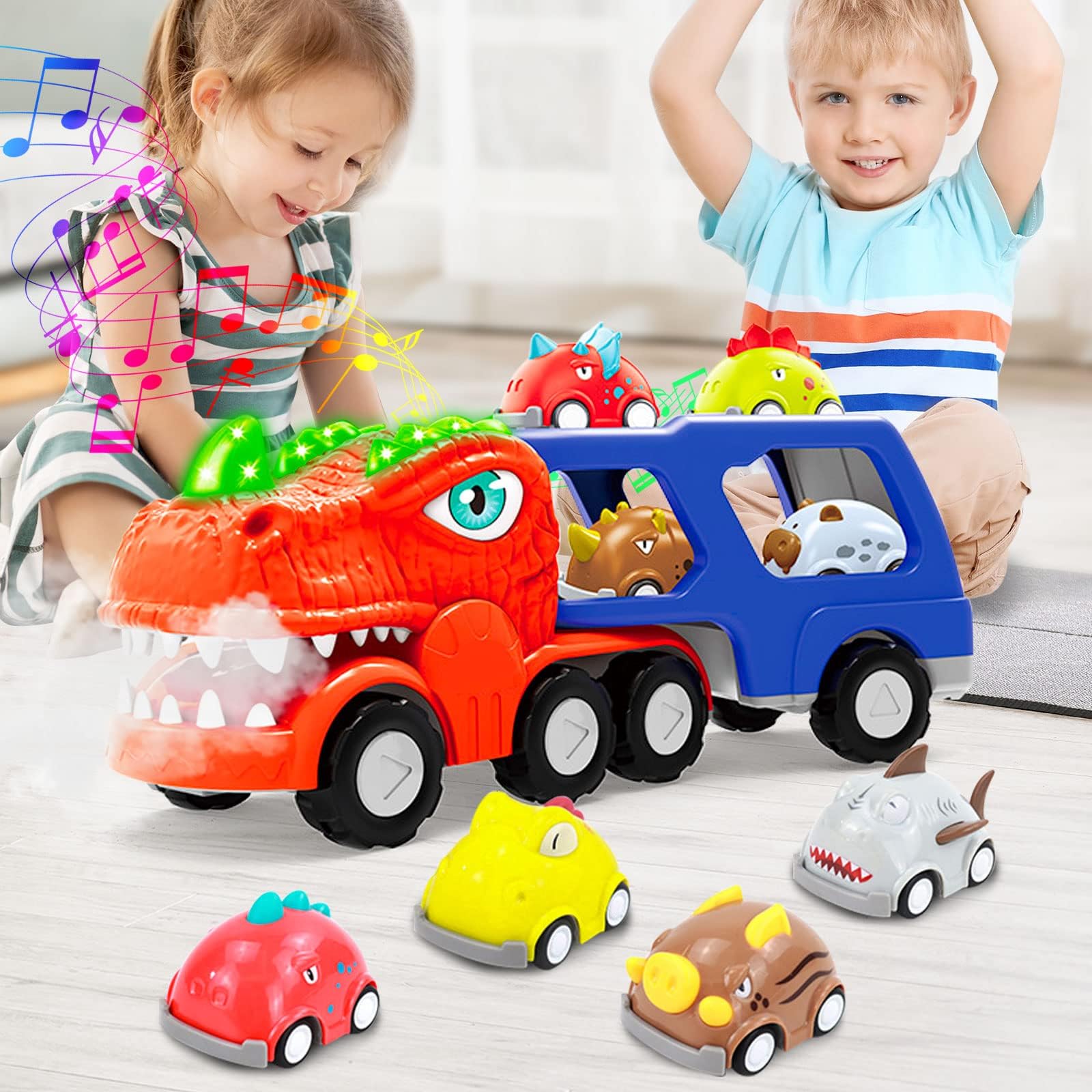 BIBIELF 9 in 1 Dinosaur Toys for 1 2 3 Year Old Boys Girls, Dinosaurs Truck Toys with Roar Sound & Lights, Dinosaur Toy Cars Gift for Kids & Toddler Toys