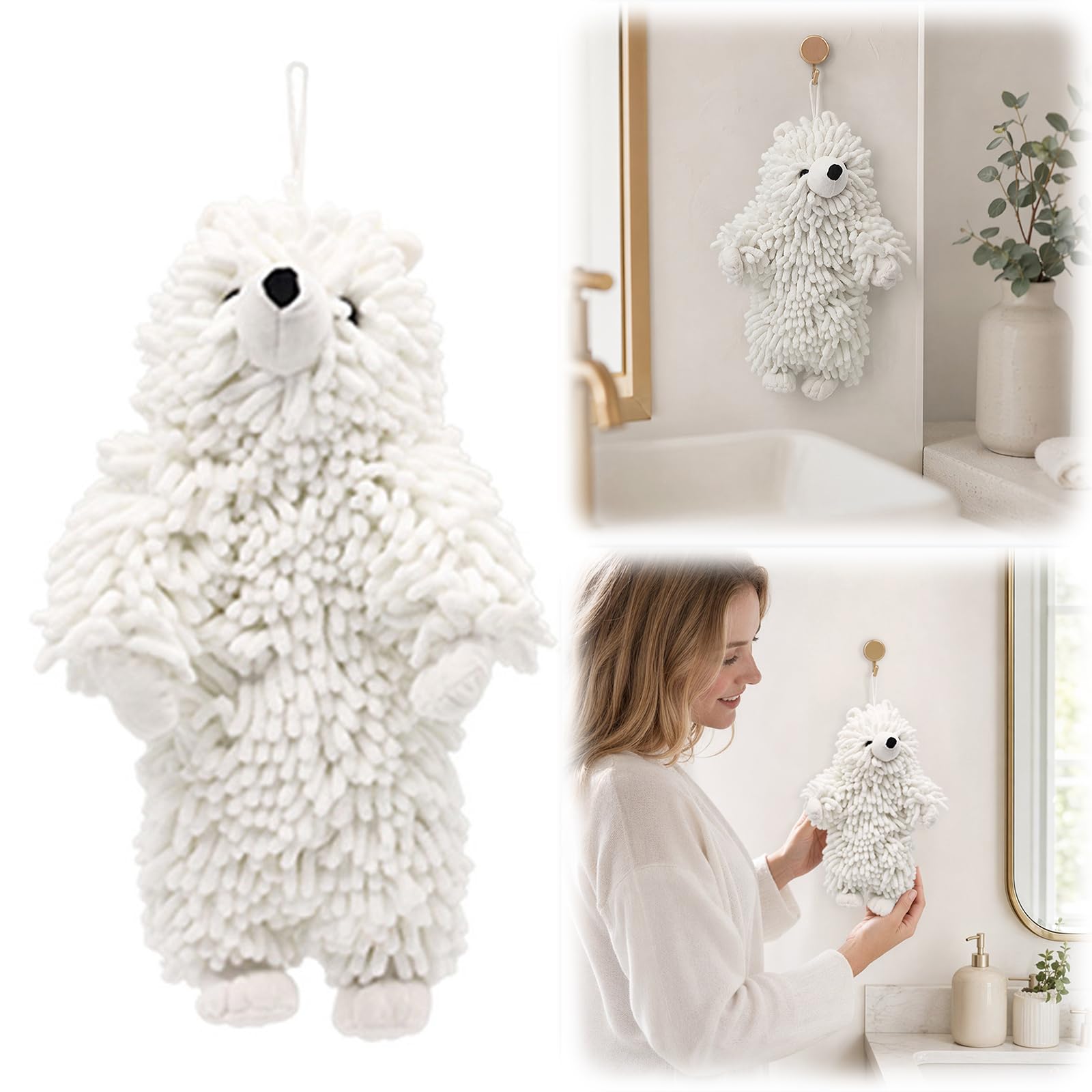Chenille Bear Hand Towel - Cute 3D Plush Bear Hand Towel with Loops, Super Absorbent Hanging Kitchen & Bathroom Towels for Kids, Microfiber Fuzzy Animal Hangable for Bath, Washstand