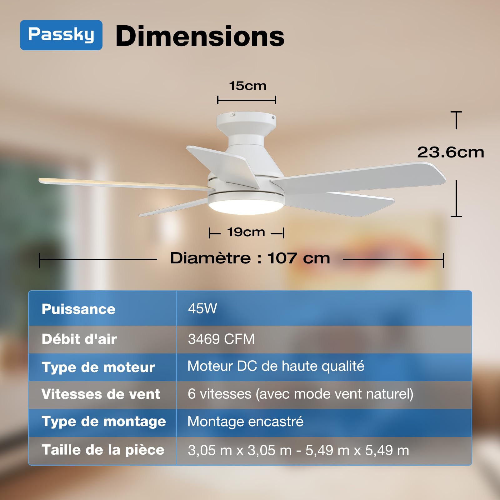 Passky Ventilateur de plafond, 107 cm, avec éclairage et télécommande, moteur CC silencieux, 6 vitesses, lampe LED à intensité variable, 3 températures de couleur, blanc