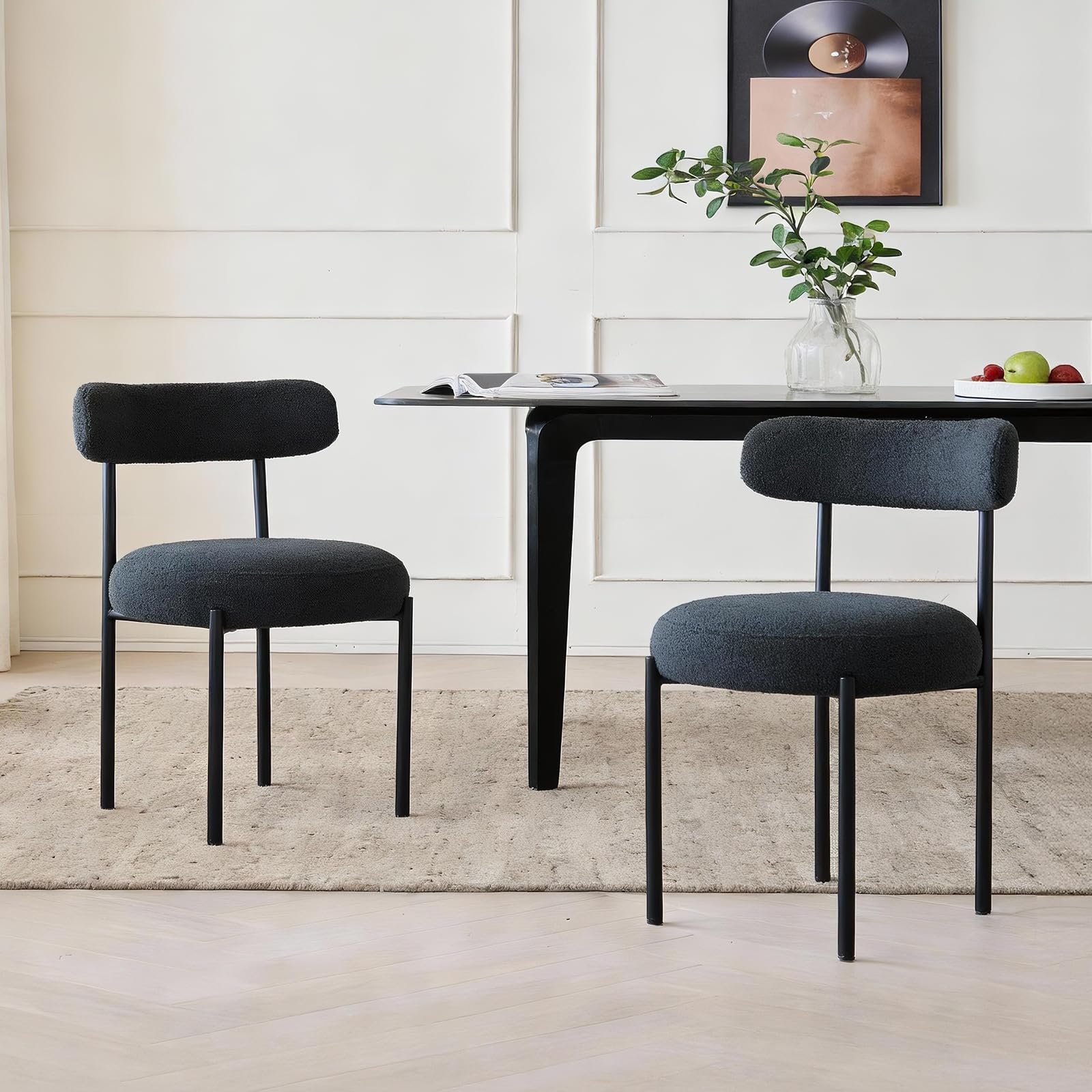 khumllo Dining Chairs Set of 2, Boucle Upholstered Modern Mid Century Round Kitchen Chairs with Curved Backrest & Metal Legs for Vanity, Living Room (