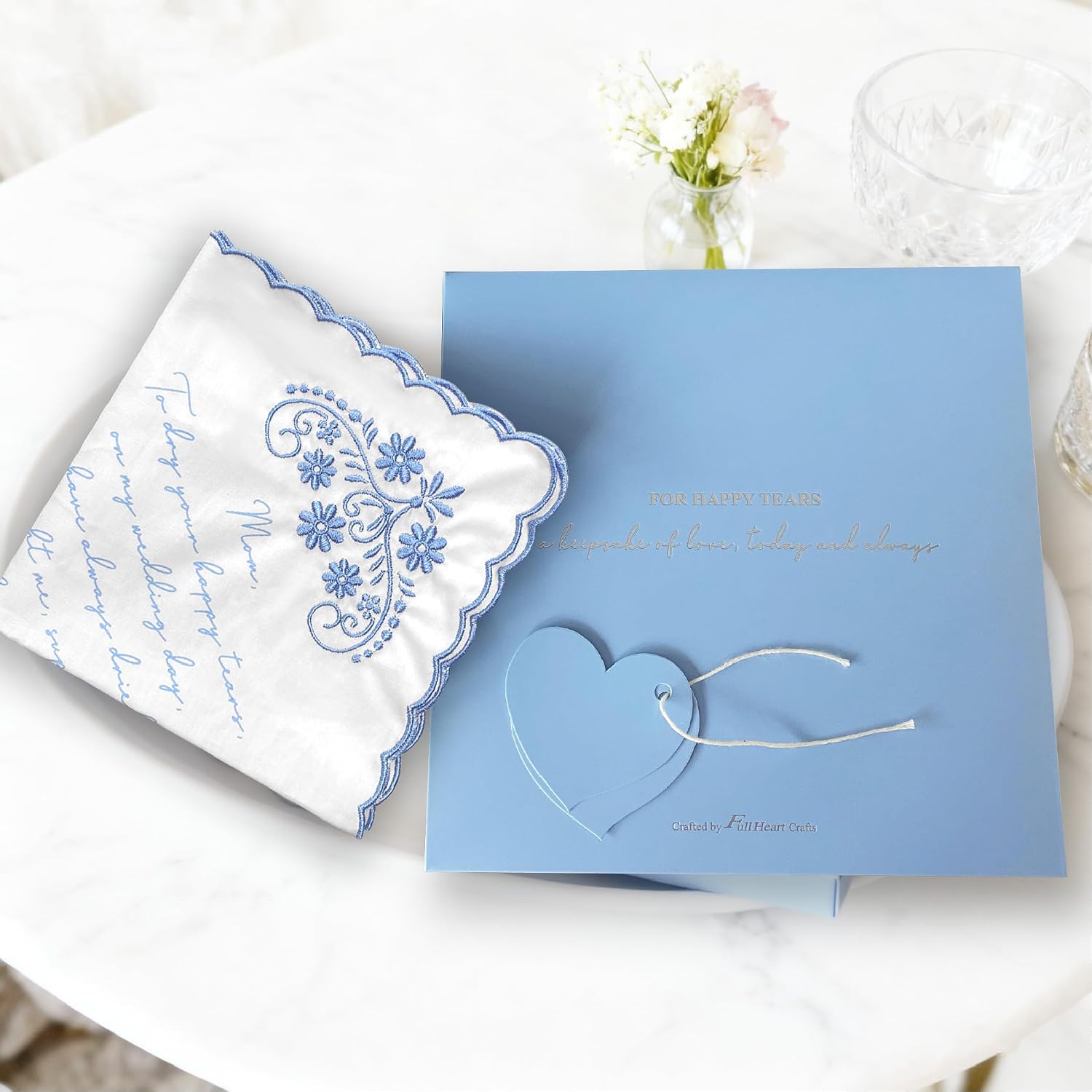 LADY&HOME Something Blue Embroidered Wedding Handkerchief, Mom, Dad, Daughter, New Mom, New Dad