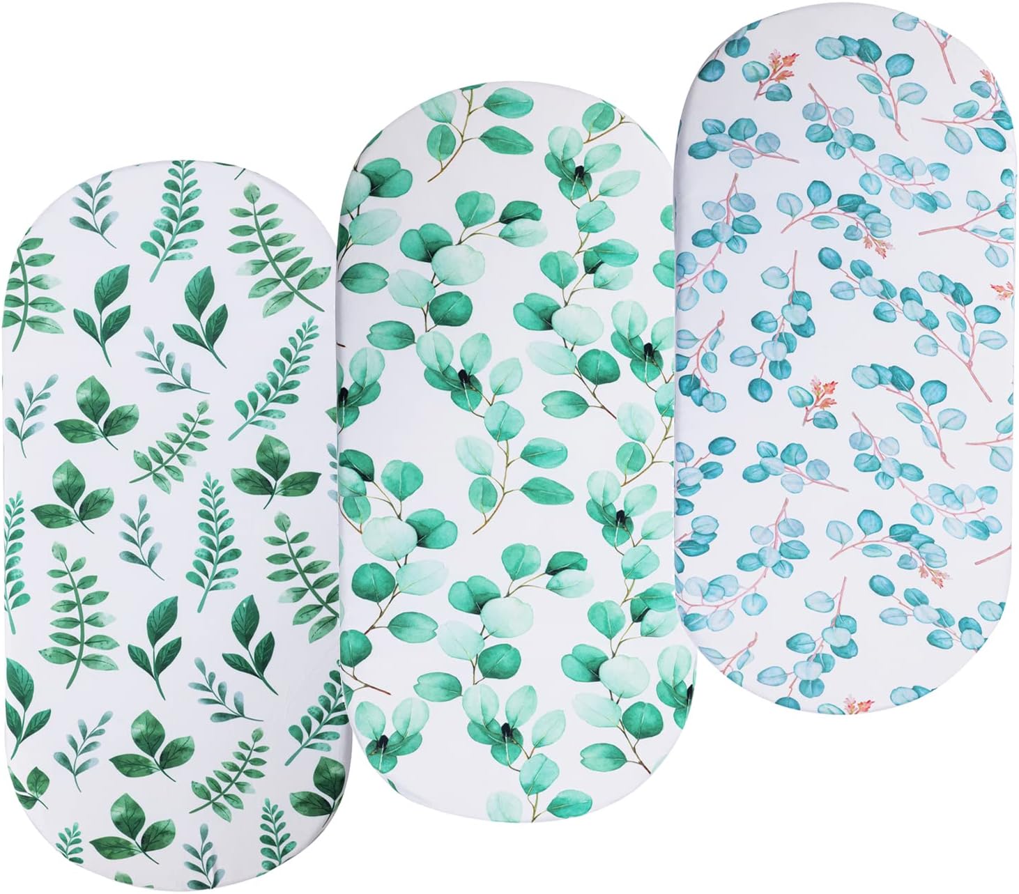Onacosht Bassinet Sheets Set 3 Pack for Baby Boy and Girl, Stretchy Jersey Knitted Fitted Sheet, Universal for Oval Rectangle and Hourglass Bassinet Mattress, Watercolor Greenery Botanical Leaf