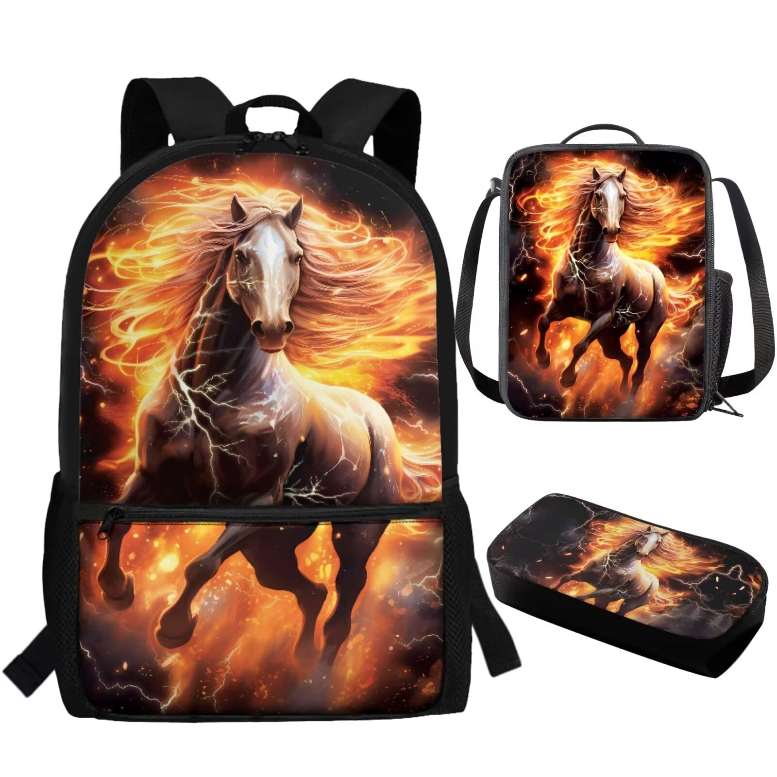 TOADDITDO Flaming Horse Boys Backpack 10-12 Years Old with Lunch Bag Pencil Case Middle School Large School Bag 8-12 Kids Hiking Camping Bookbags Daypack Travel Shoulder Bags Laptop Backpacks