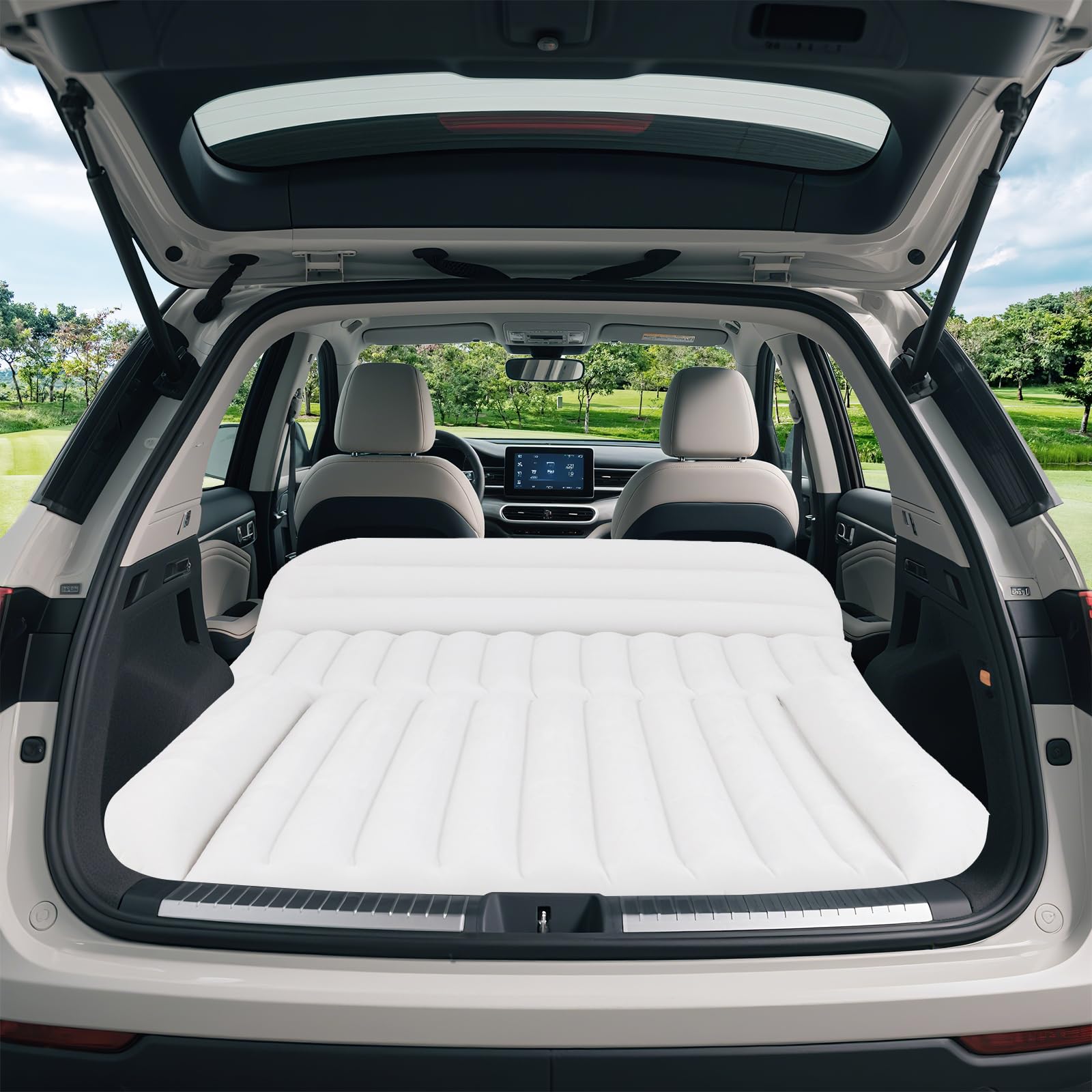 GOPLUS Matelas Voiture, Matelas Gonflable Voiture pour SUV Floconné avec Pompe, 3 Buses et Sac de Transport, Lit Gonflable Portable pour Voyage, Camping, Pêche, 130x190x15 CM (Blanc)