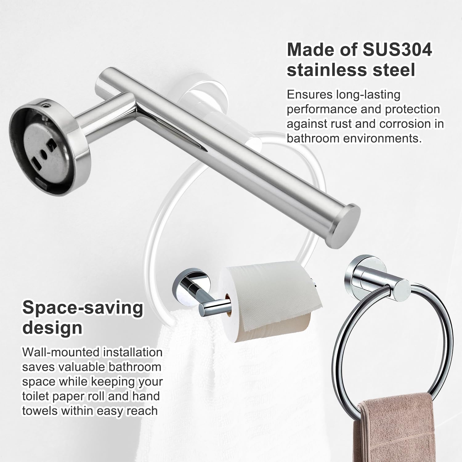 Stainless Steel Toilet Roll & Towel Holder Set, Wall-Mounted Bathroom Organizer, Rustproof - Image 3