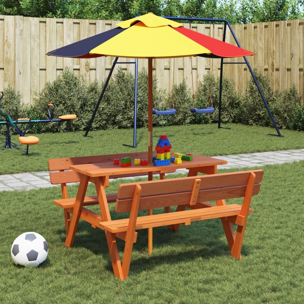 Tavolo da picnic per 4 bambini in legno di abete massiccio con ombrellone, resistente alle intemperie e stabile, ideale per giardino, terrazza, balcone, campeggio e feste, facile da pulire