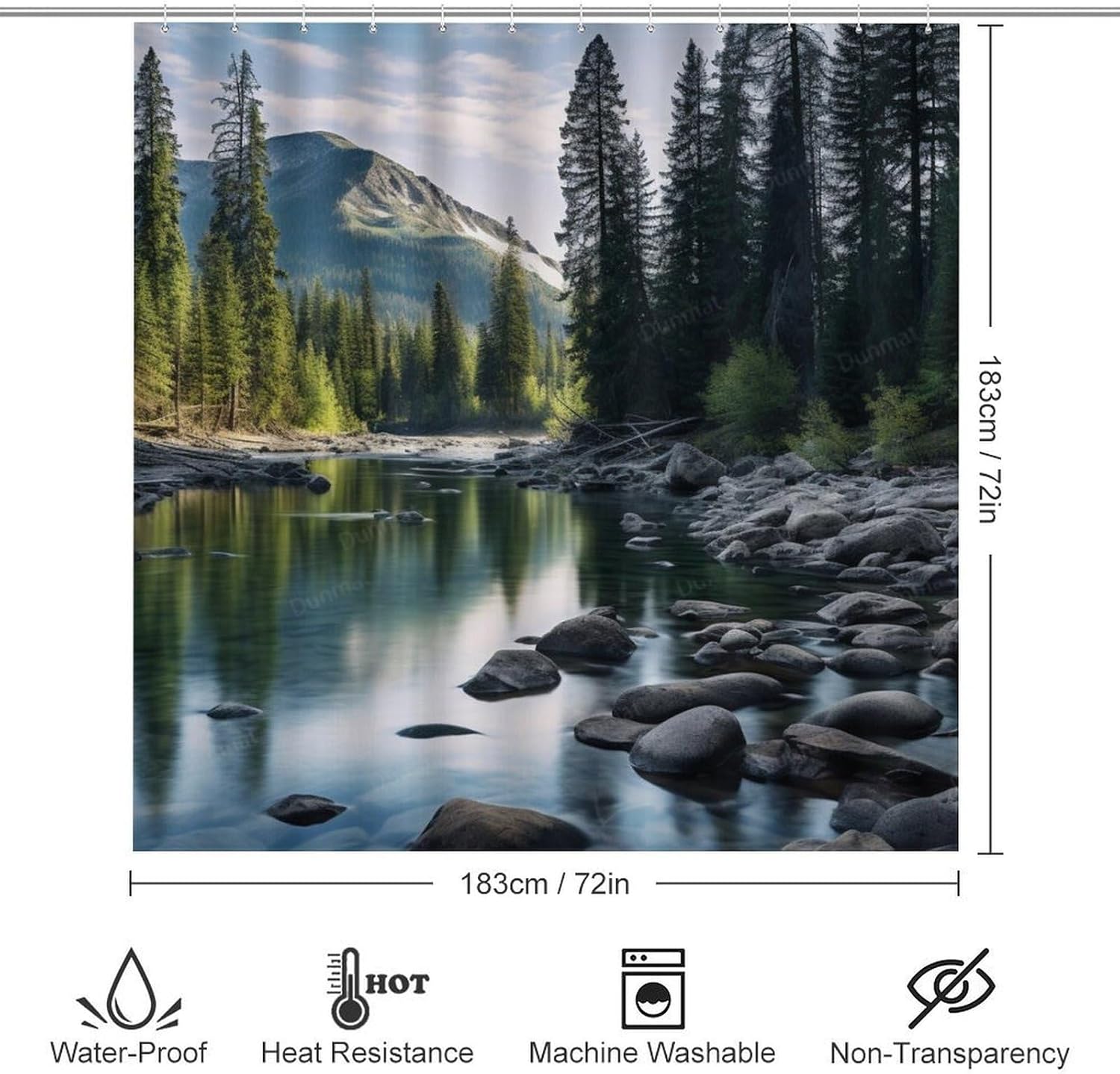 Mountain Forest View Shower Curtain Set, Includes Non-Slip Rugs, Toilet Lid Cover, Bath Mat, Nature River Landscape Stream Shower Curtain with 12 Hooks for Bathroom Decor