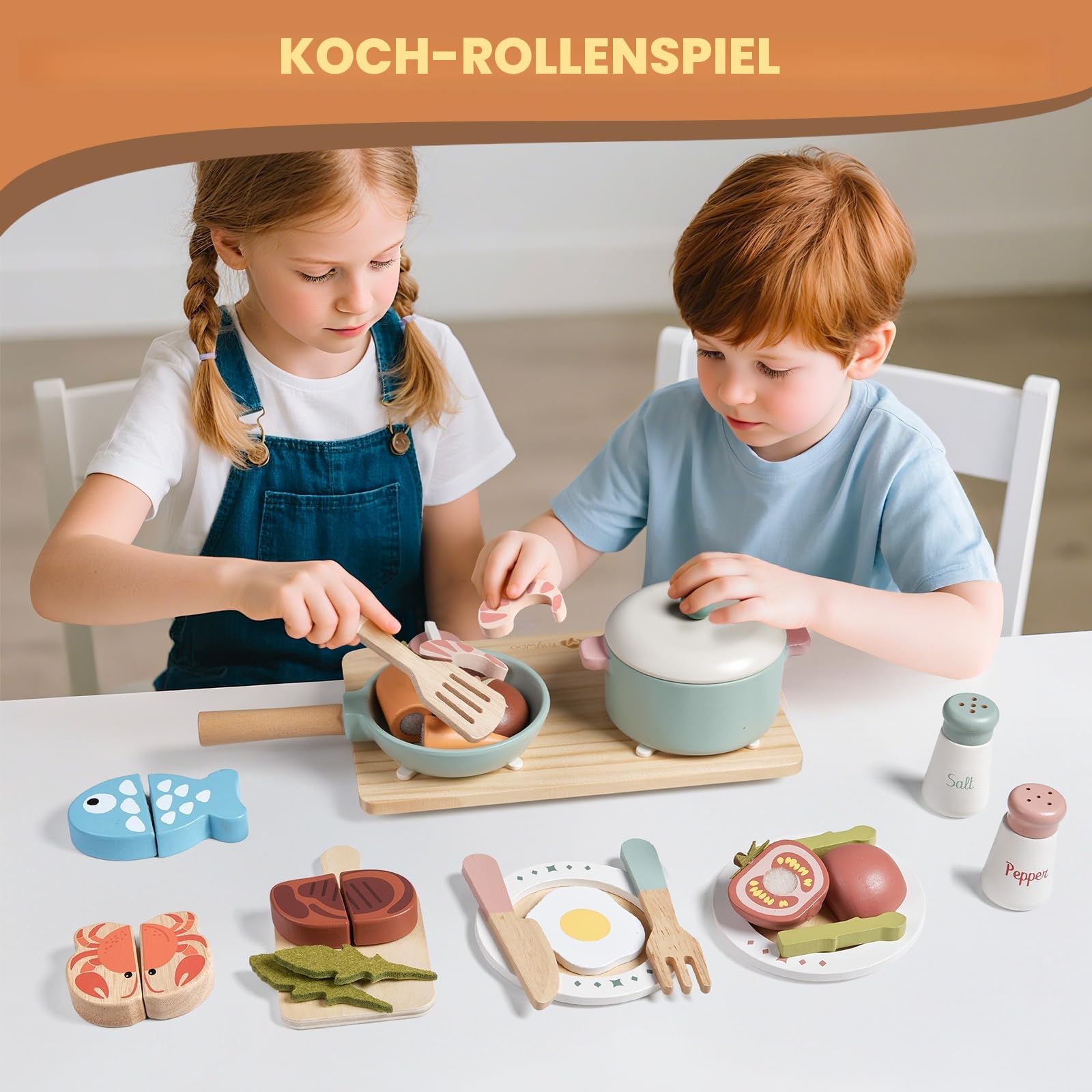 Holzspielzeug-Küchenzubehör, Topf- und Pfannenspielset für Kinder, Küchenspielset mit Spielzeugherd, Küchenspiele für Kleinkinder, Kinder-Essensspielzeug, 3-5