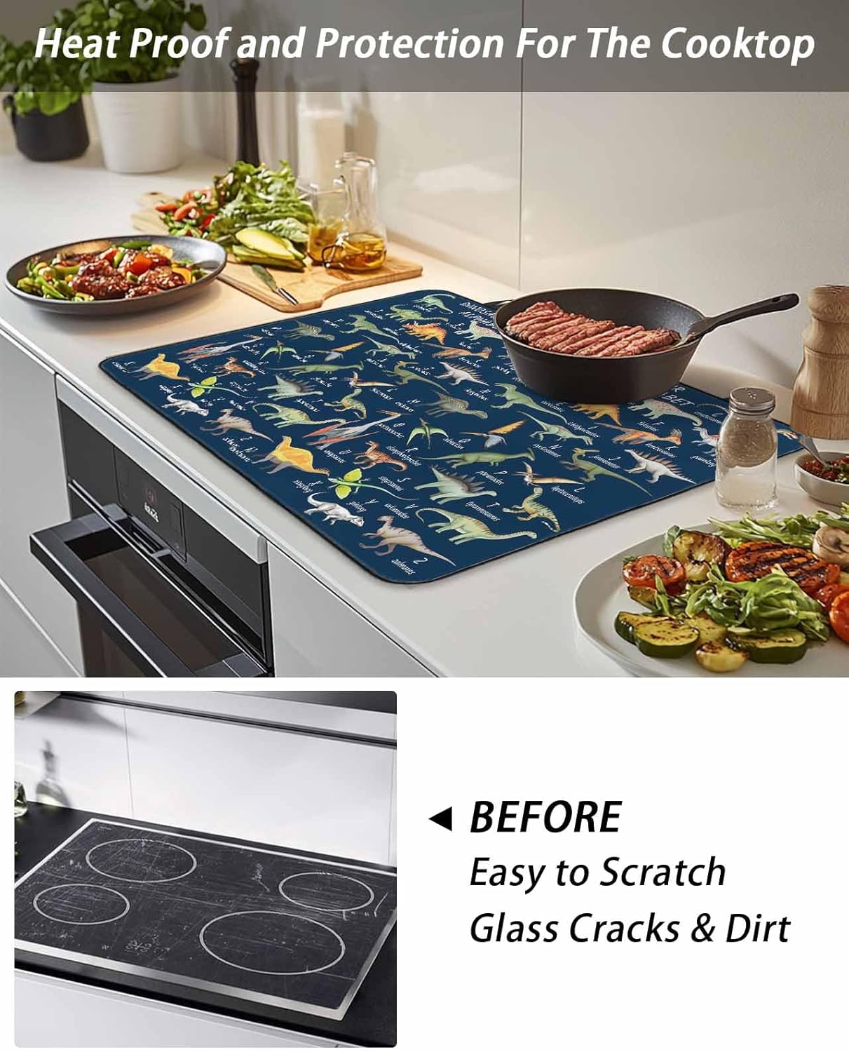 Stove Top Cover Dinosaur Family Stove Cover for Electric Stove Top Learning Alphabet A to Z Name Blue Glass Cooktop Covers Anti-Slip Mat Heat Resistant Countertop Protector Kitchen Decor 31"x24"