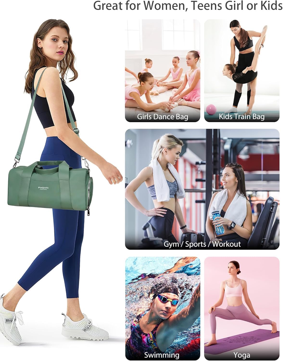 Pequeña Bolsa De Deporte para Mujeres, Niñas y Niños,Diseño para Fitness,Entrenamiento, Baile, Ballet, Natación con Zapatero Independiente y Bolsillo Impermeable(Verde,40x19x20 cm,15L) — view 7
