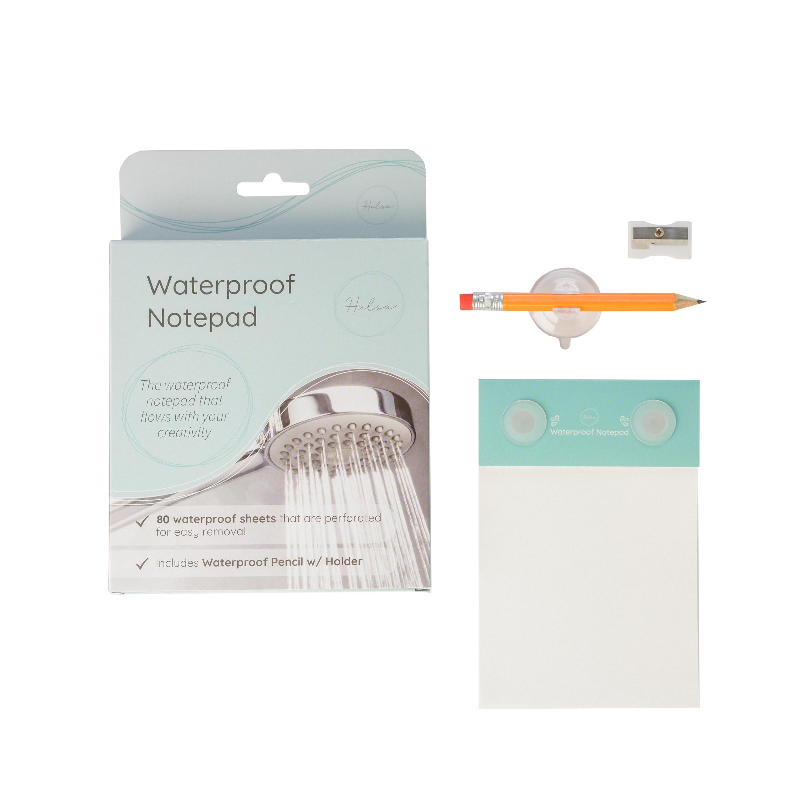Halsa Waterproof Shower Notepad – 80 Sheet Tear-Off Pad with Pencil, Sharpener & Suction Cups – Waterproof Paper Notebook for Shower, Bath, Rain – All Weather Writing Pad
