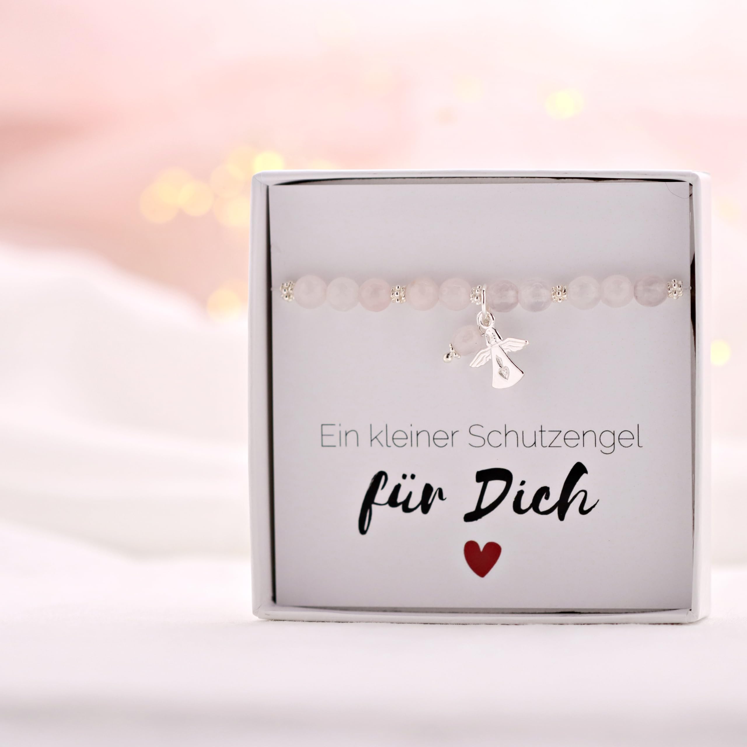 KARYSMA Rosenquarz-Armband Damen mit Schutzengel Silber für Mädchen zur Kommunion, Naturstein