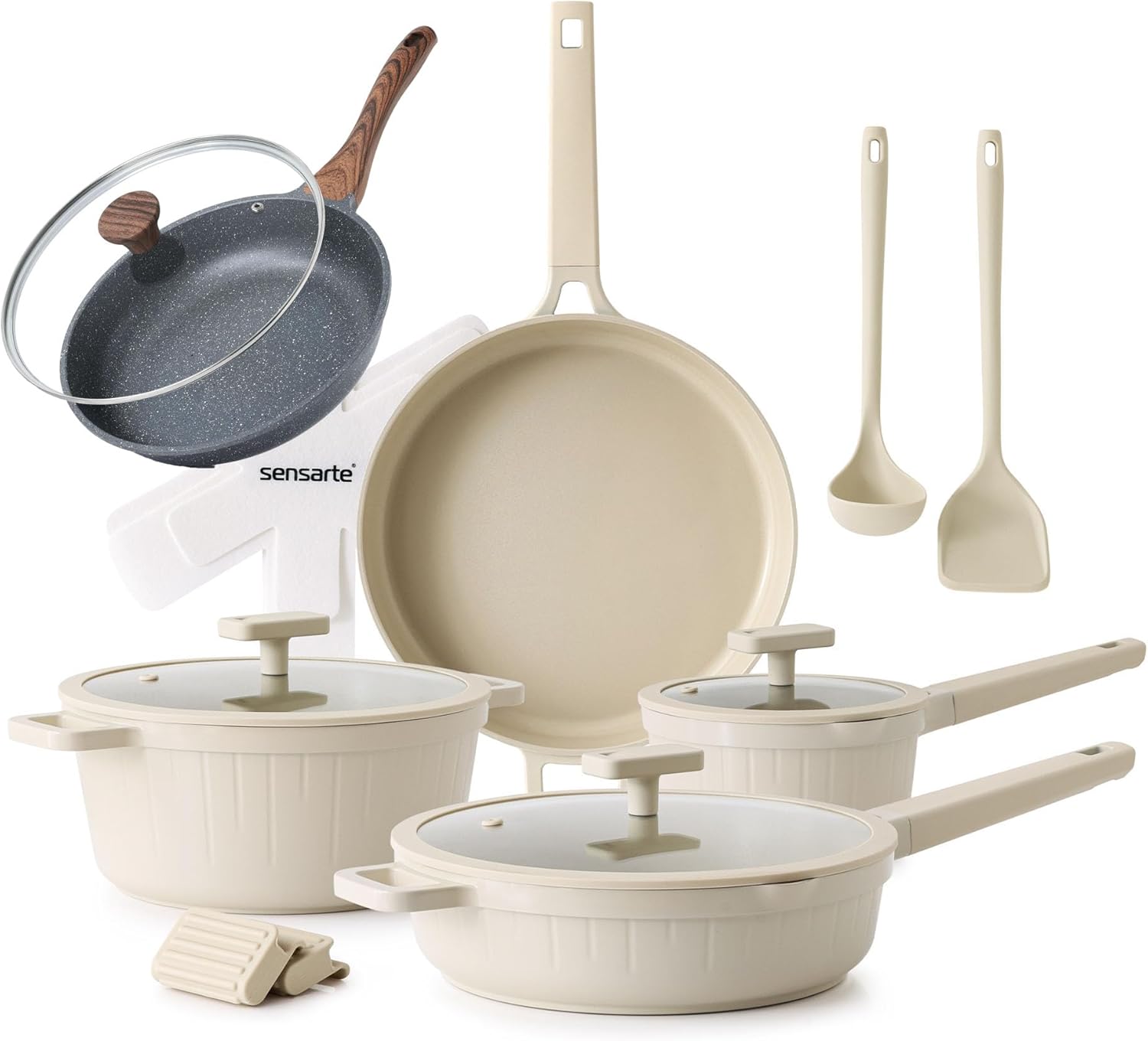 SENSARTE Ceramic Nonstick Cookware Set 15 Piece, includes 8 Inch Omelet Pan with Lid, Induction Compatible Frying Pan Skillet