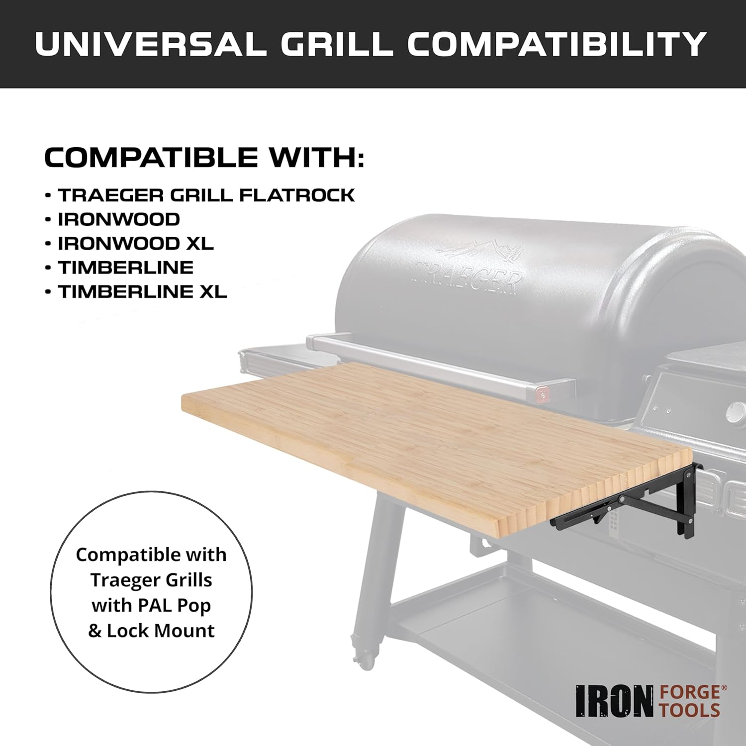 Iron Forge Tools 34x12 Wood Folding Grill Shelf Accessory - Compatible with Traeger Grill Ironwood, Ironwood XL, Timberline, & Timberline XL Models with PAL Pop and Lock Accessories Mount