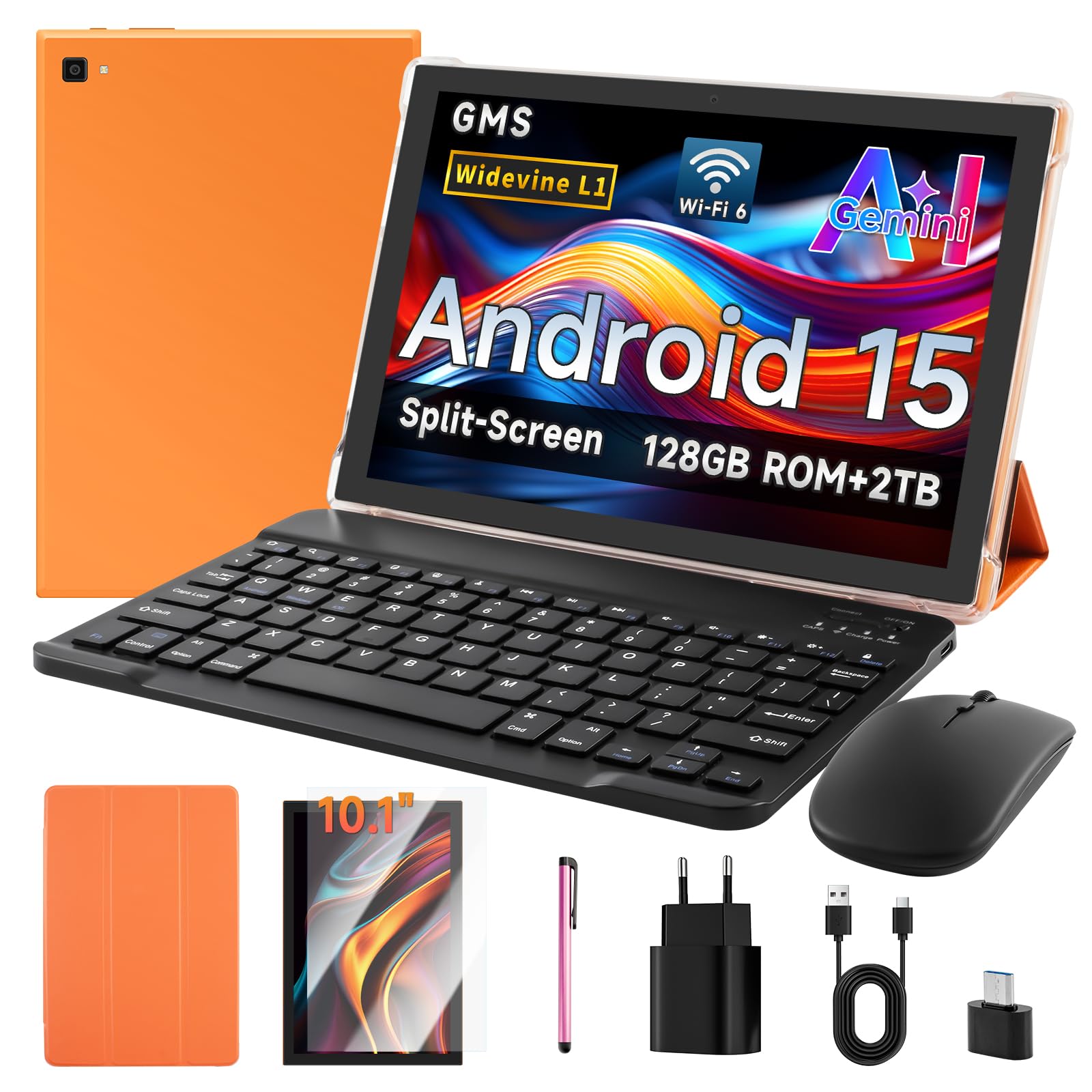Android 15 Tablet, 10 Zoll Tablet, Octa-Core 8 GB RAM 128 GB ROM, bis 2 TB erweiterbar, 6000 mAh Akku, 5G WiFi 6, Android-Tablet mit Tastatur, Stift, Hülle & Maus, Gemini AI, Split Screen