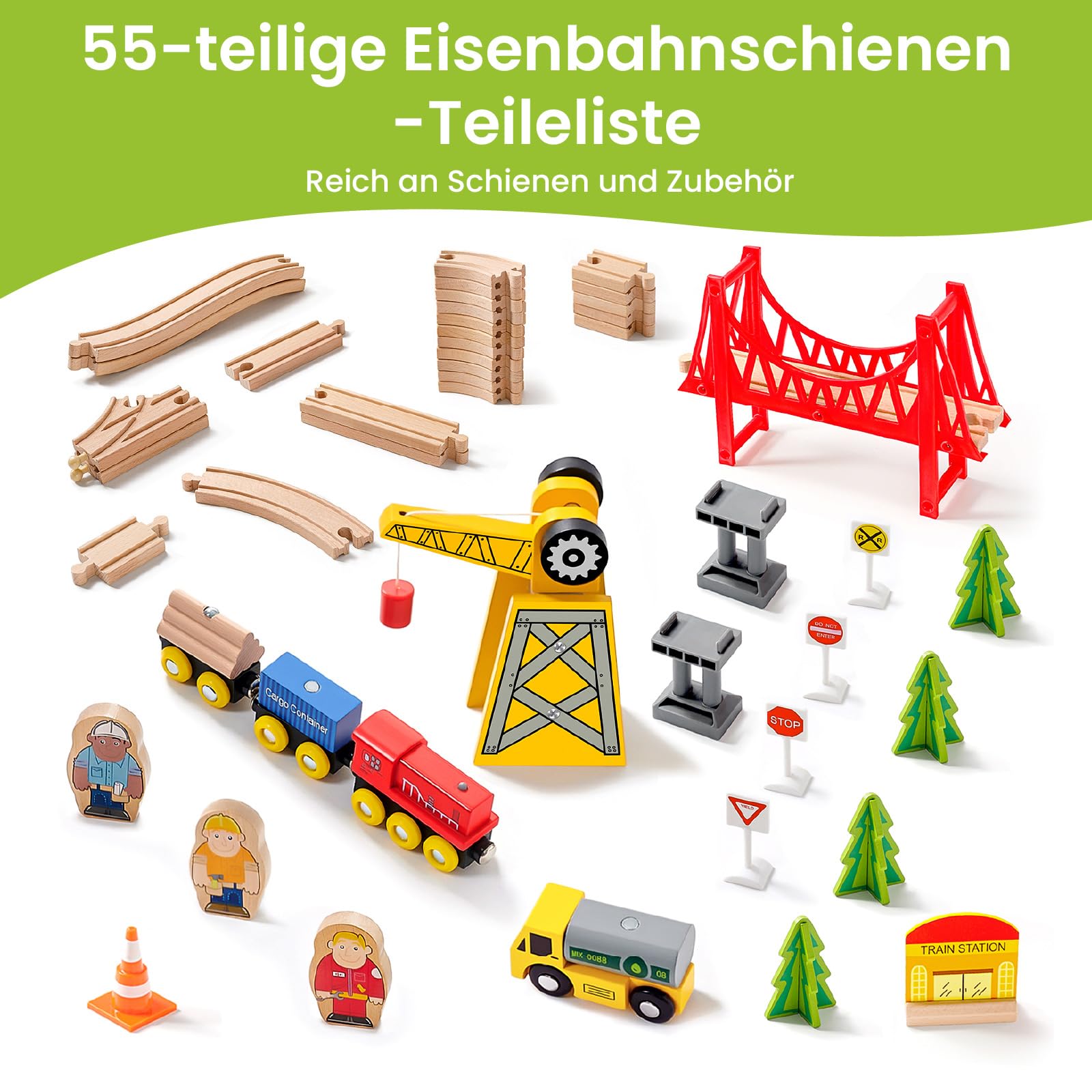 Tiny Land 55Pcs Holzeisenbahn Set - Holz Eisenbahn für Kinder mit Kran | Kombinierbar Zug Spielzeug, Holzeisenbahn Zubehör Passend für Alle Großen Marken, Holzzug Spielzeug für Kinder ab 3~5
