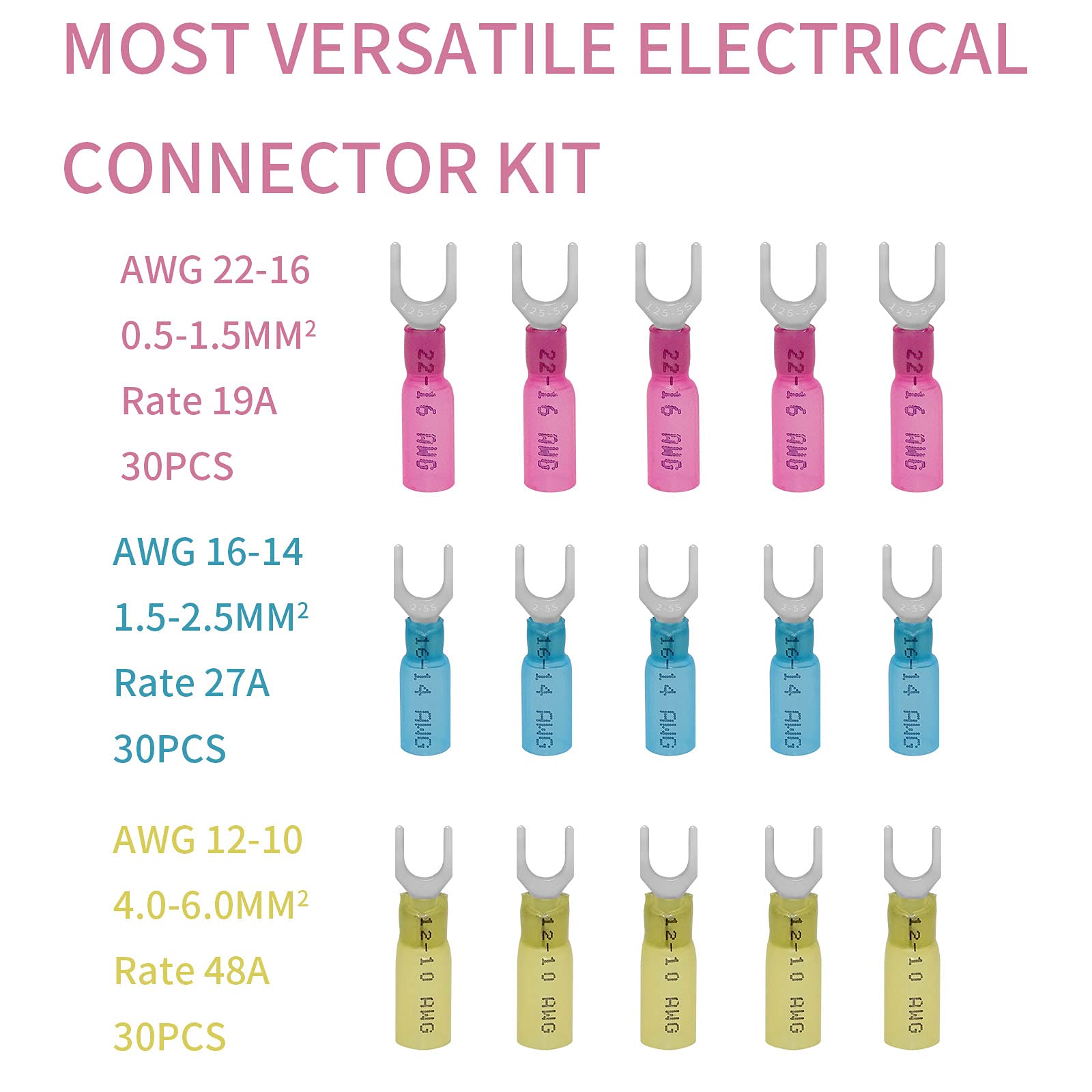 XmucTech 90 Pcs 2216 1614 1210 AWG 10 Heat Shrink Fork Spade