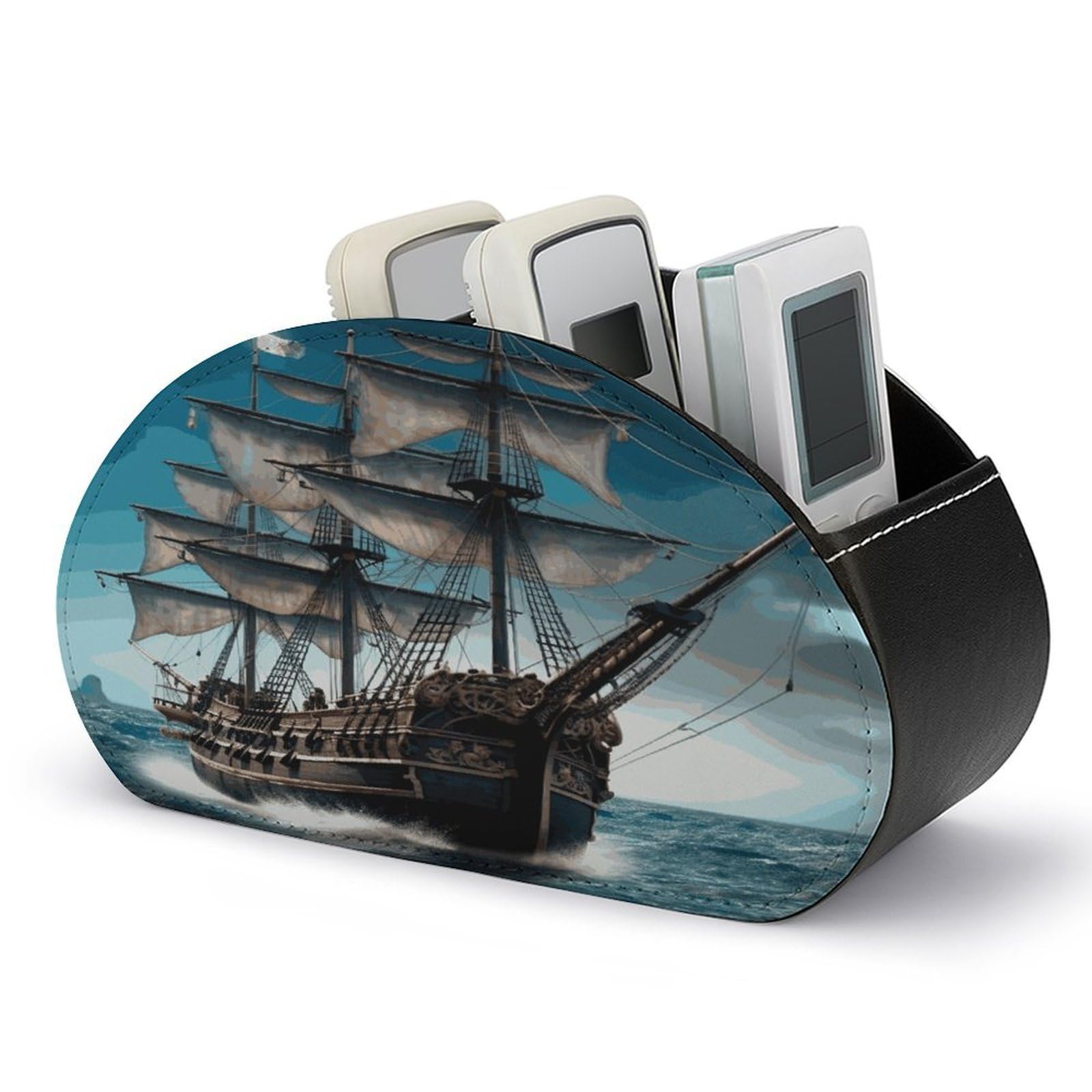 LDGSUPH Pirate Ship Remote Control Holder with 5 Compartments PU Leather TV Remote Caddy Storage Box Multi-functional Desk Storage Organizer Box Anti-slip Desktop Caddy