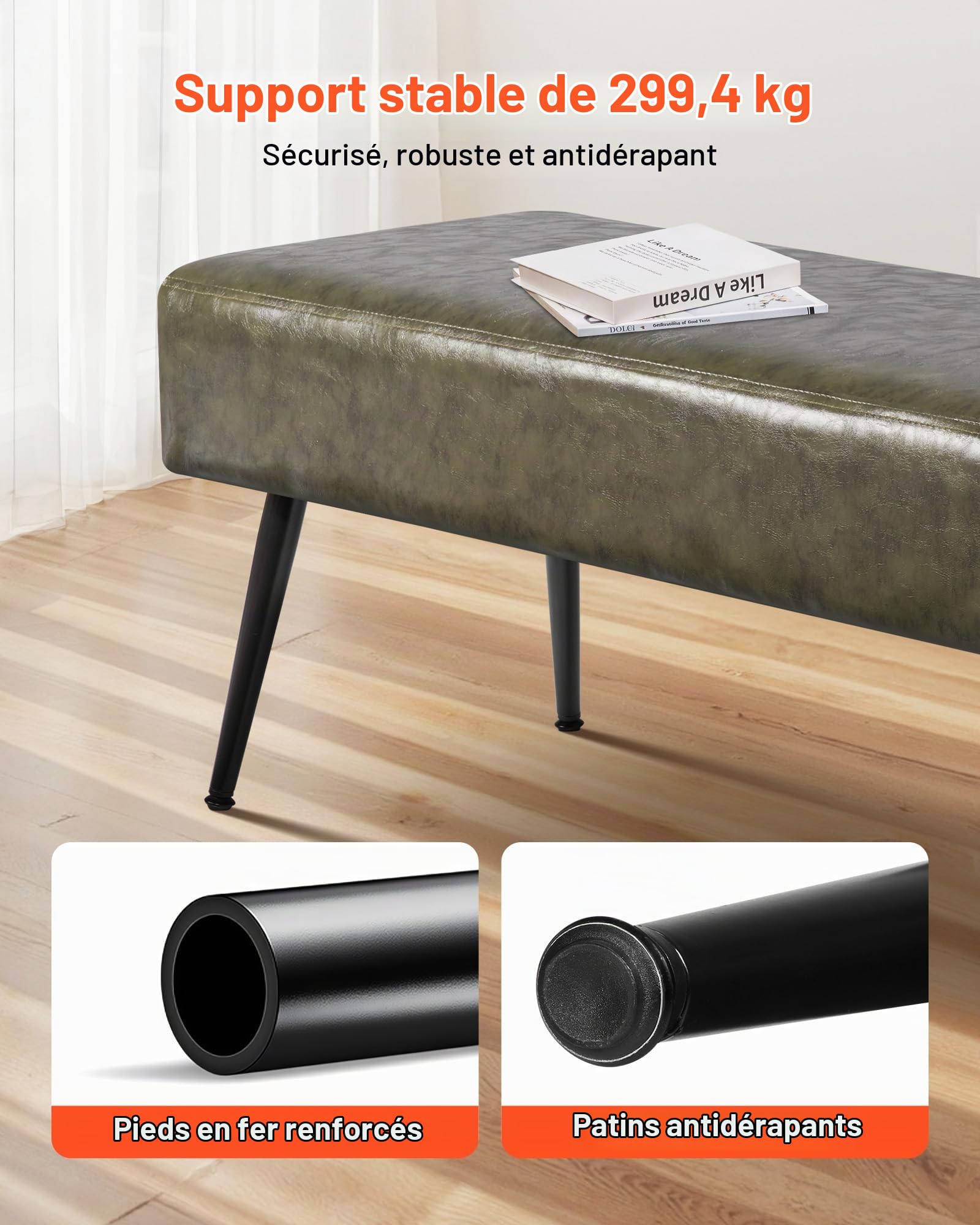 VEVOR Banc en Cuir PU de 110 x 40 x 43 cm, Bout de Lit avec Pieds en Métal, Banquette Moderne, Meuble Repose-Pieds pour Chambre à Coucher, Entrée, Salon, Salle à Manger, Couloir, Maison, Vert