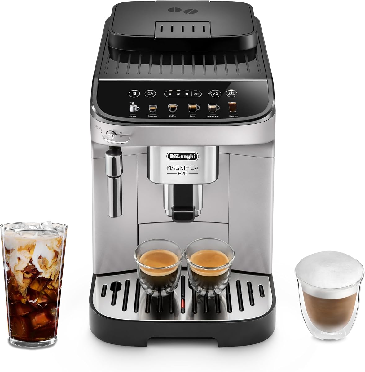 Cafetera espresso Magnifica Evo, espumador de leche manual, plateada | Máquina de café expreso n.° 1 en el mundo, 7 recetas de un solo toque, espumador, molinillo incorporado, bebida exclusiva personalizada MyLatte