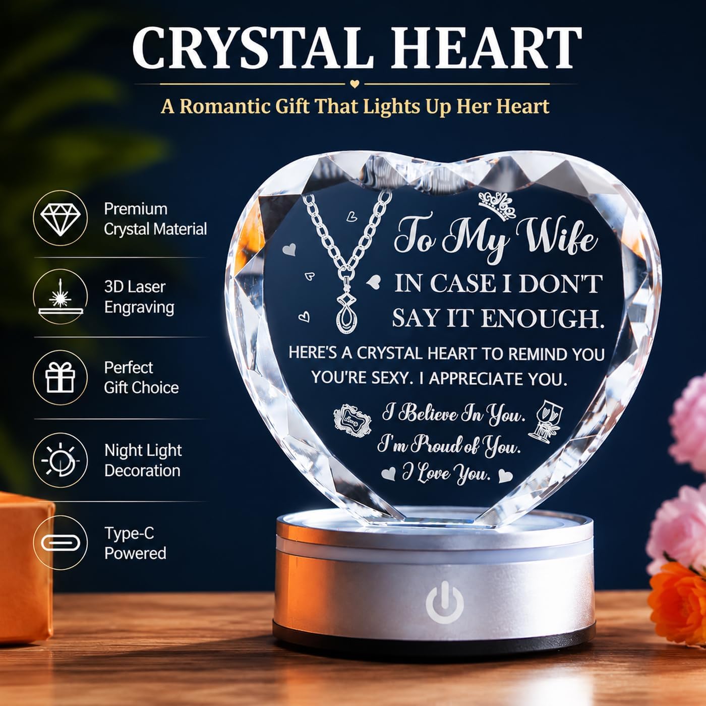 Romantic Crystal Heart Gift for Wife from Husband – Wedding Anniversary, Birthday, Valentine’s Day for Her with Colorful LED Light Base (Wife Gift 2) image 4