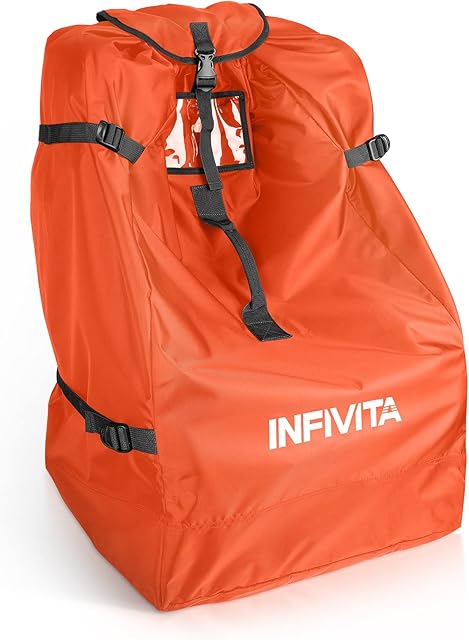 INFIVITA Car Seat Travel Bag  Waterproof Car Seat Bag for Airplane, 600D Oxford Fabric Durable Car Seat Travel Bag for Airplane with Cover ID Card Window Bottom Cushion, 45*45*85cm, Orange