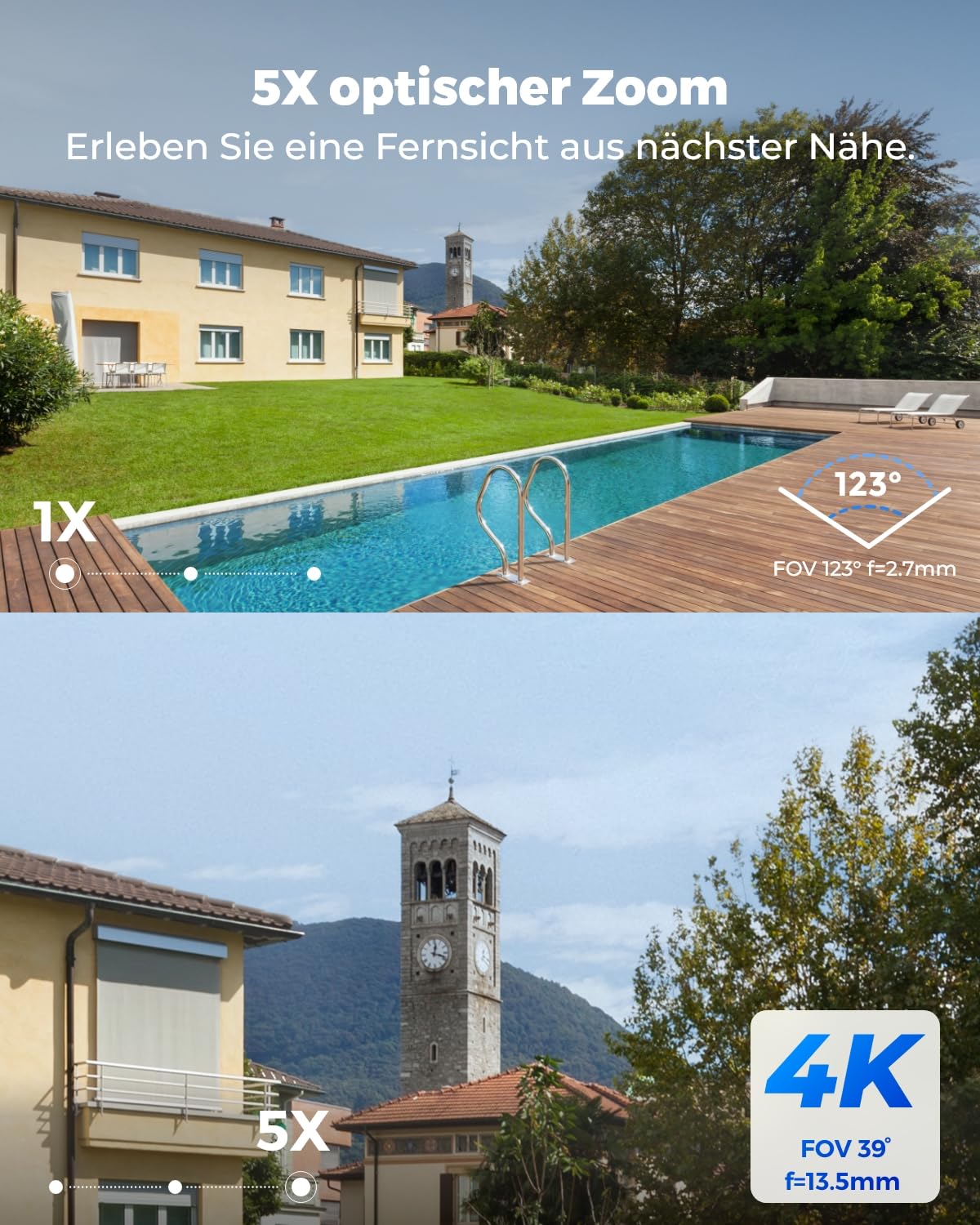Reolink 4K PoE Überwachungsskamera mit Spotlights, 5X optischem Zoom, IP Kamera aussen mit Farbnachtsicht, 2-Wege-Audio, Person/Fahrzeug/Tiererkennung, IK10 Vandalismusschutz, Zeitraffer, RLC-843A