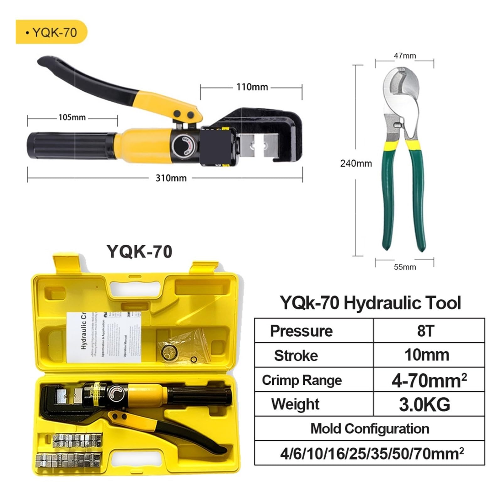 4-70mm² hydrauliczne szczypce do zaciskania ciśnienie 8T domowe narzędzia hydrauliczne szczypce hydrauliczne DIY szczypce do zaciskania końcówek kablowych(YQK-70-A)