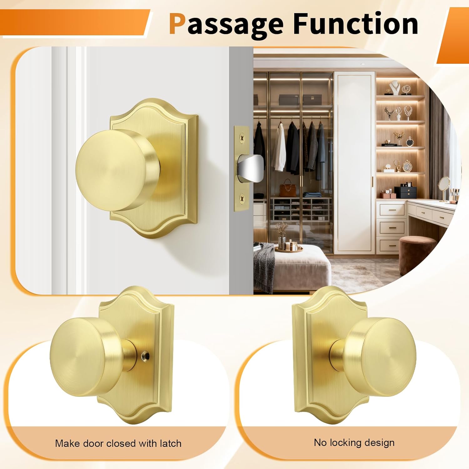 Probrico Brushed Brass Door Knobs, Passage Door Knobs for Closet Hallway, Heavy Duty Gold Interior Closet Door Knob, 6 Pack
