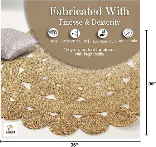 Vista 104 de GRUHUM Alfombra tejida a mano de yute redonda de 4 pies, de fibra natural, alfombra bohemia rústica, vintage, trenzada, reversible, ecológica