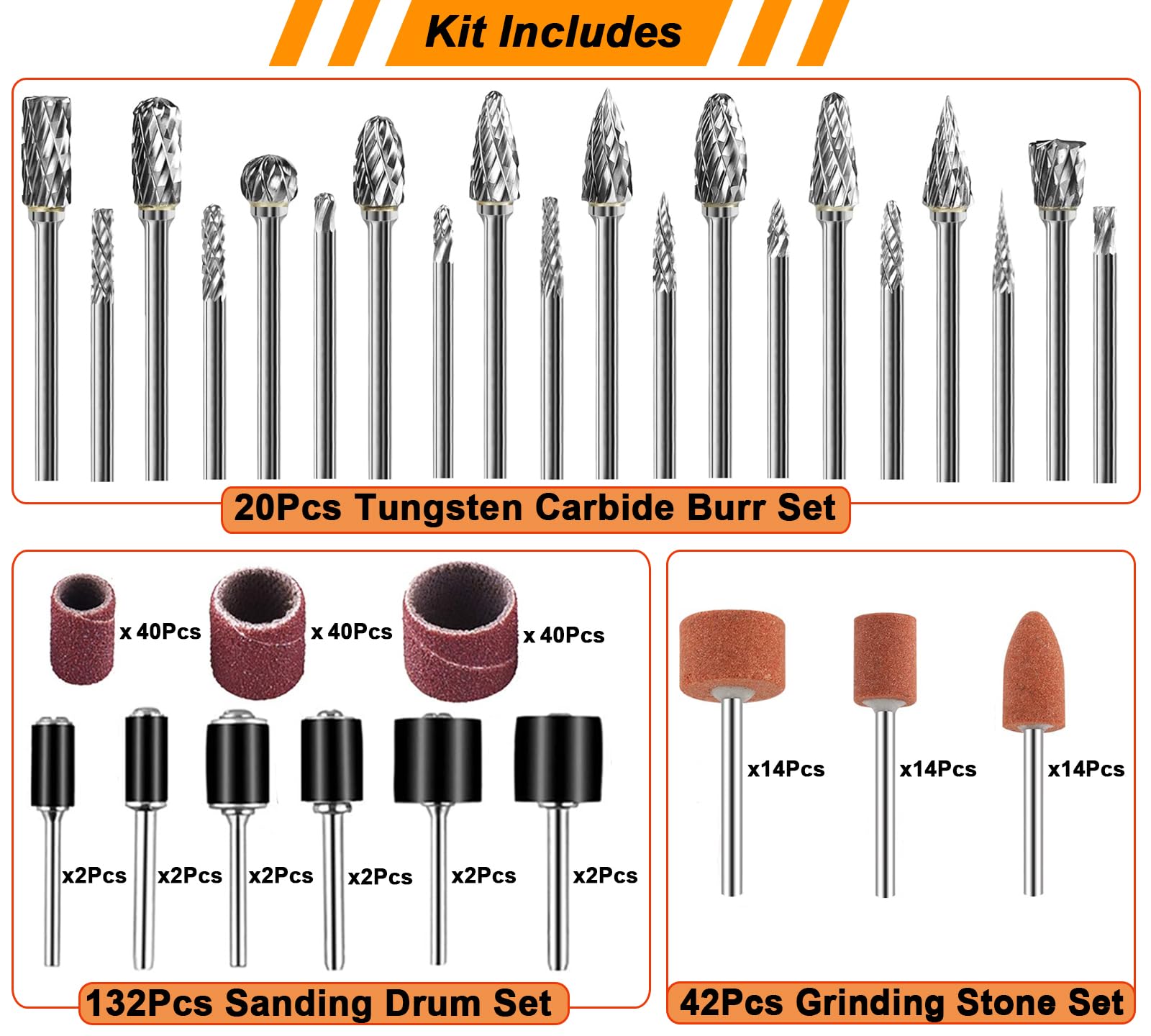 Tungsten Carbide Burr, Sanding Drums & Grinding Stone Set, 194 Pcs — Amazon image 2