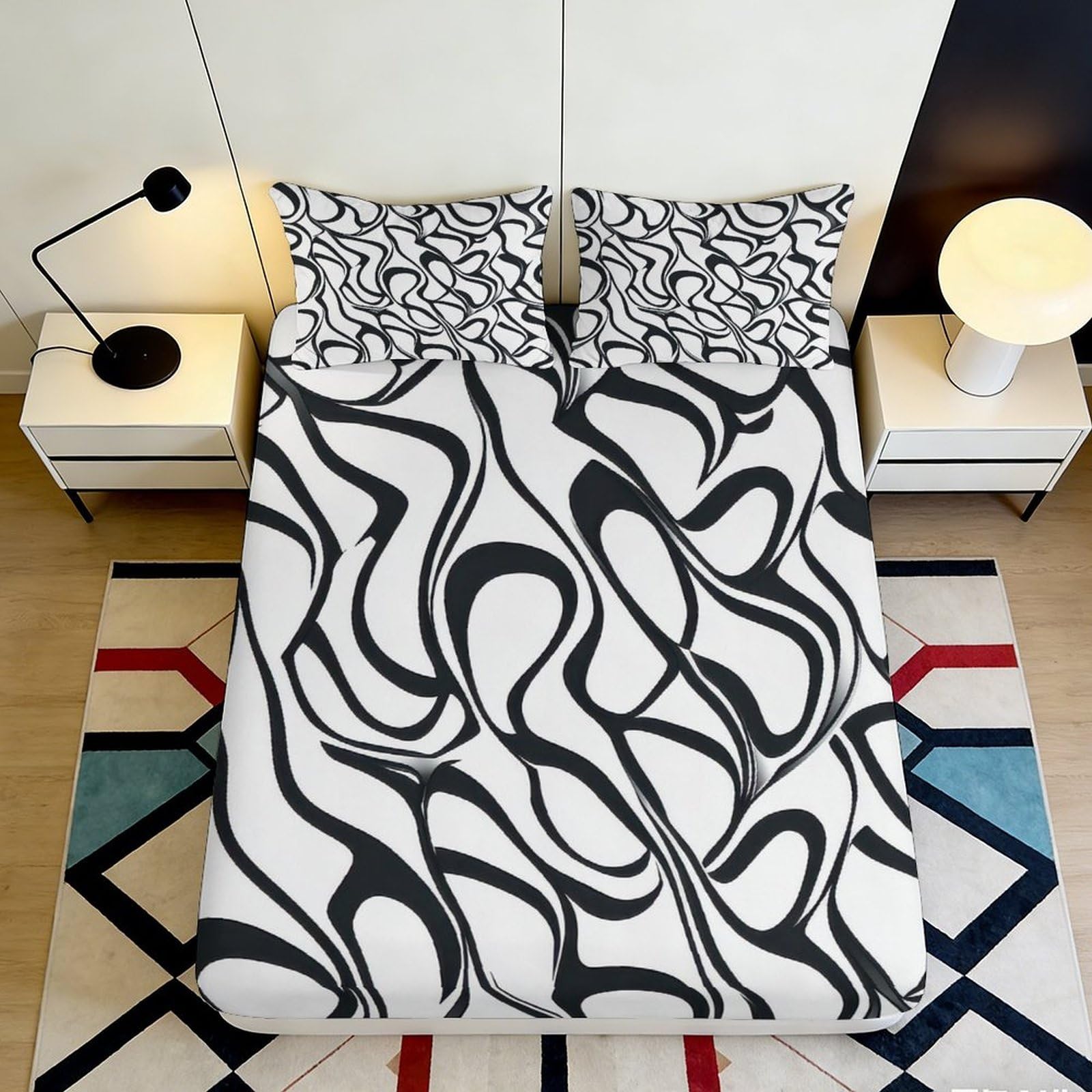 Dhbaneiok Style-8 3D Printed Abstract Black White Fitted Sheet Microfiber Soft Geometric Swirl Mattress Cover For Bedroom Dorm Decorative Protector 90X200x25cm