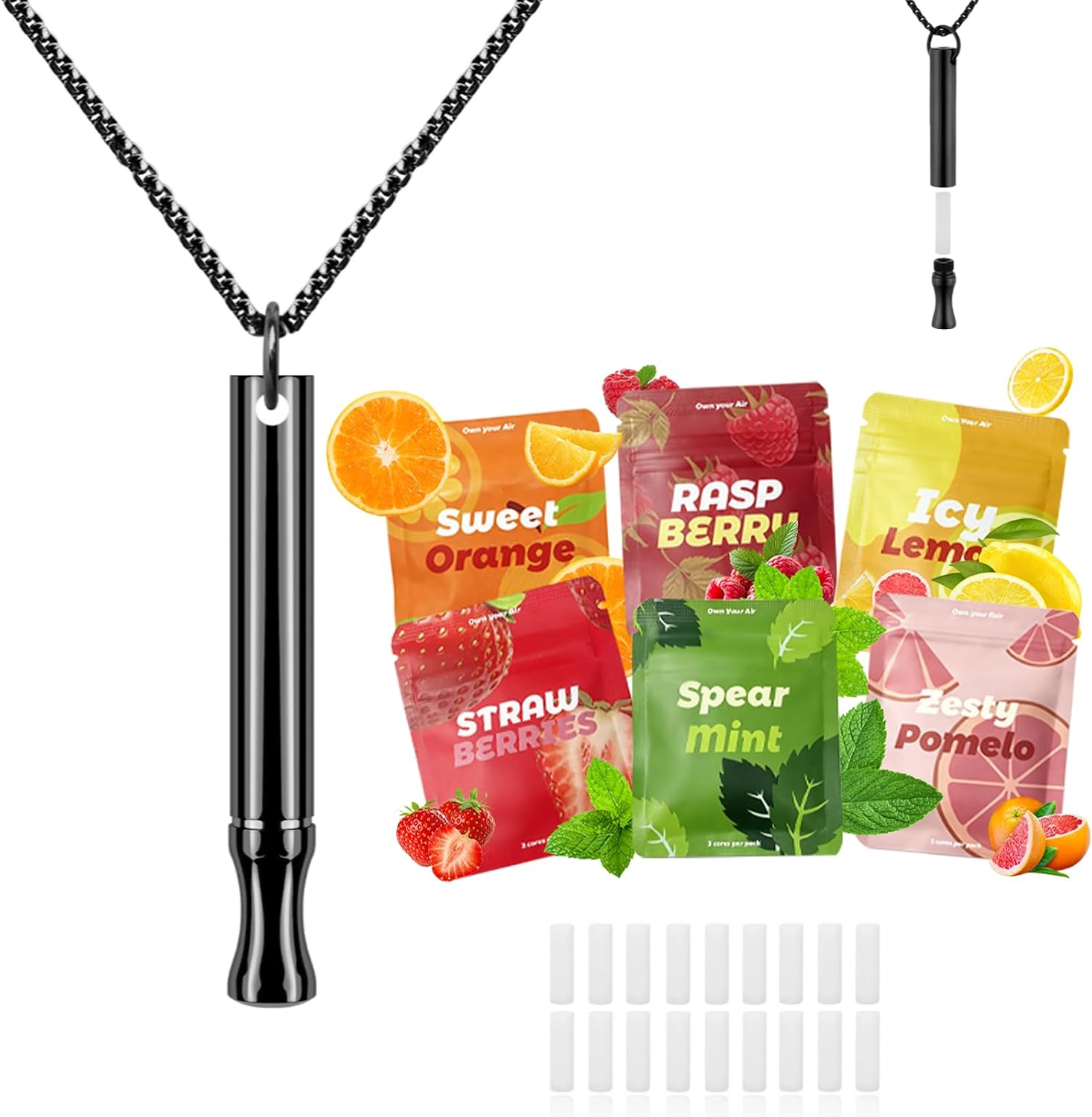 Replace Bad Habit Flavored Air Necklace with 18pcs Refillable Cores in 6 Flavors, Habit Support Refreshing Necklace for Stress Relief Sensory Fidget for Adults - Travel Set (Black)