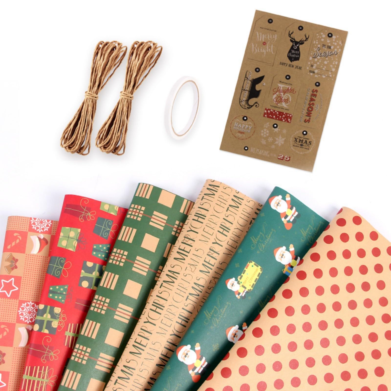 Christmas Wrapping Paper, 6 Sheets 50cm x 70cm Recyclable Kraft Wrapping Paper with Jute Strings and Tags(6 Pattern)
