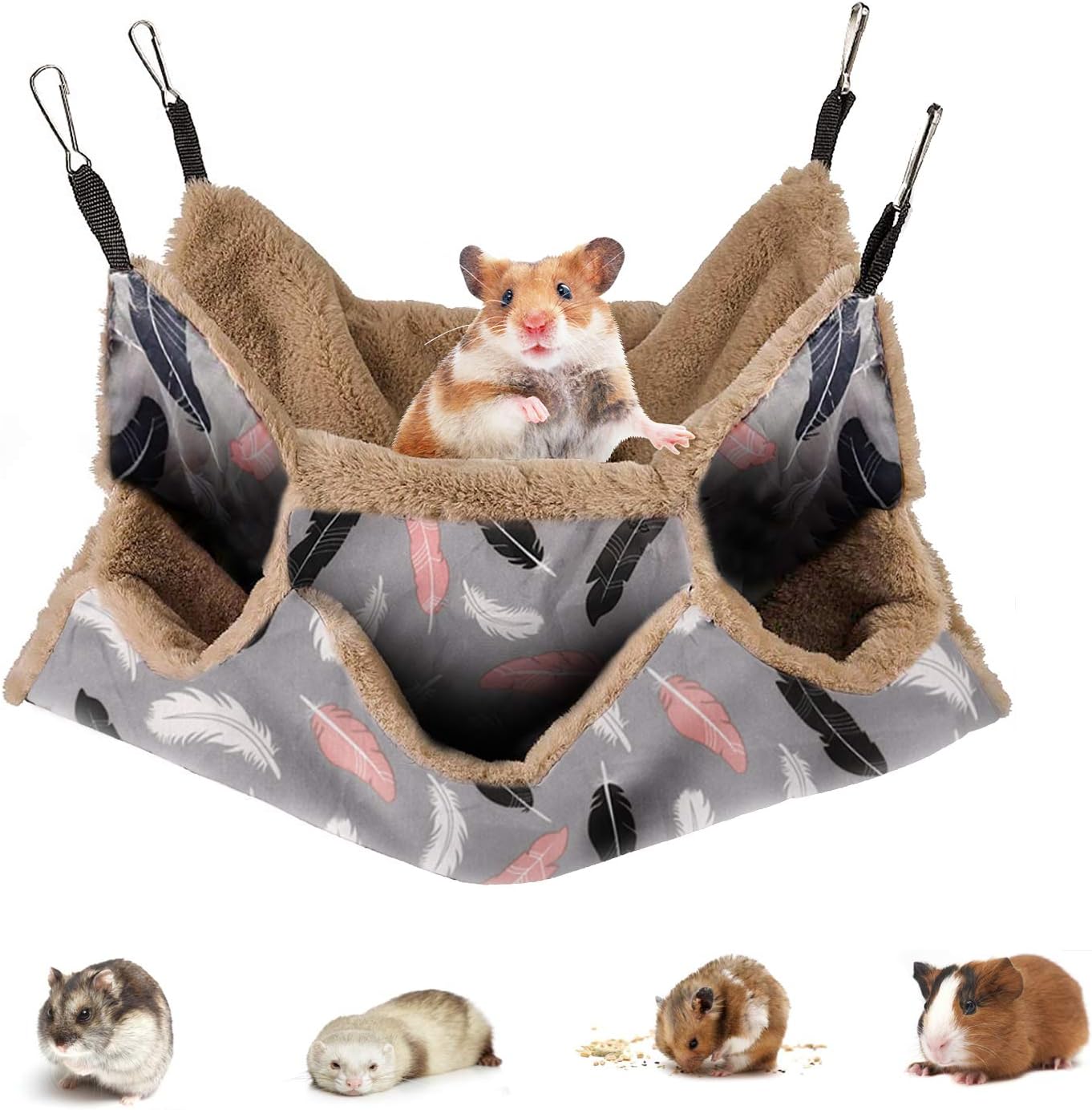 Petmolico Ferret HammockTriple-Layer Hammock Bed Hamster Cage Accessories, Guinea Pig Hammock, Chinchilla Hammock, Warm Hamster Nest, Hammocks for Rats(13.8 * 13.8Inches, Brown Feather)
