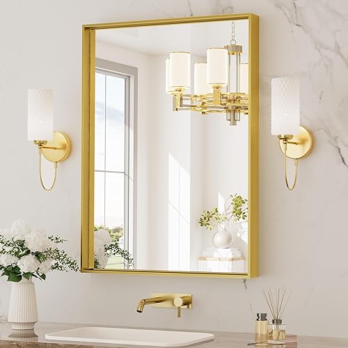 Miniatura 12 de TETOTE Espejo de baño dorado cepillado de 24 x 36 pulgadas, espejo rectangular de metal dorado con marco de tocador de baño, moderno espejo de pared