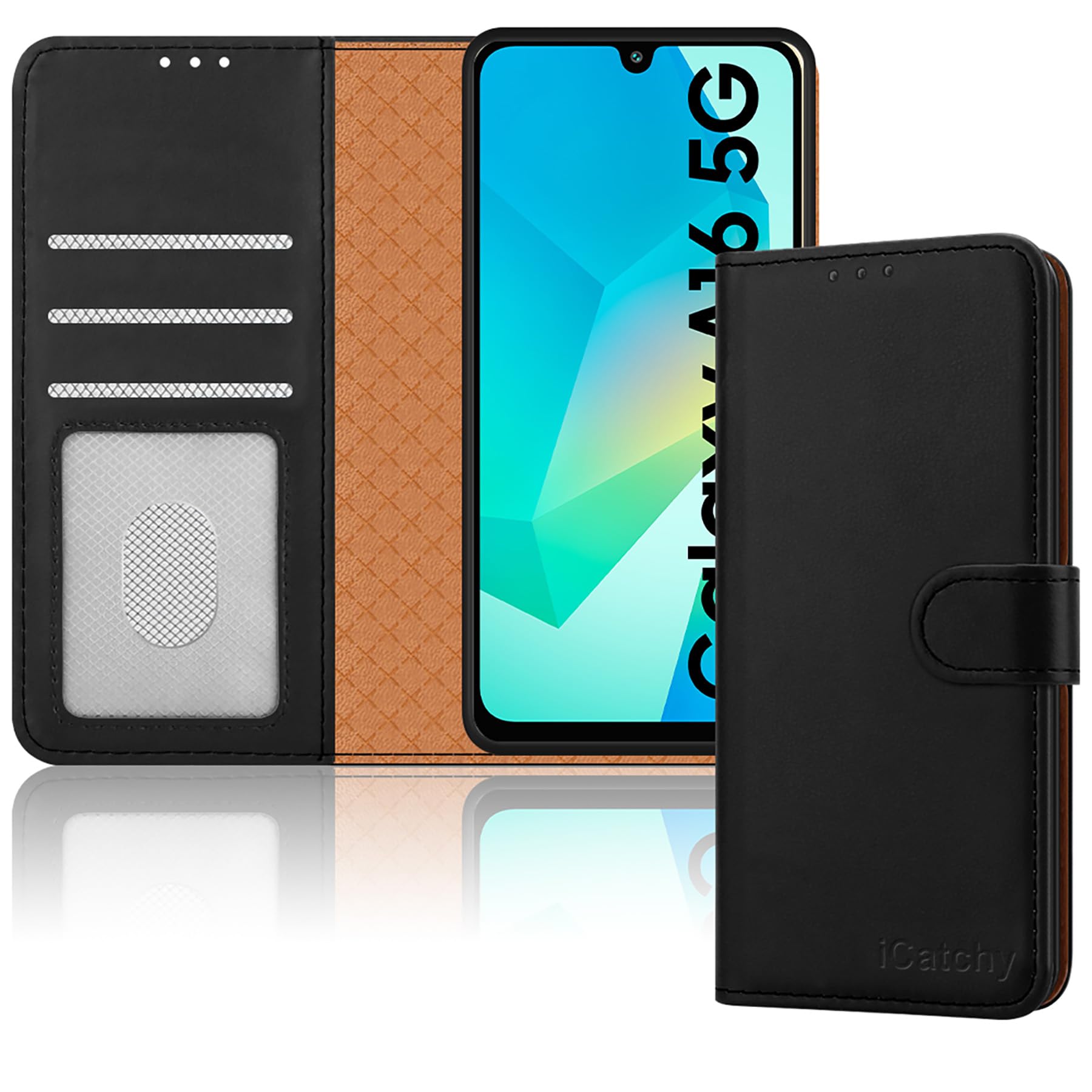 iCatchy for Samsung A16 Case – Leather Wallet Cover, Book Flip Folio with Kickstand, Magnetic Closure, RFID Blocking, Shockproof Protection for Galaxy A16 5G / A16 (Black)