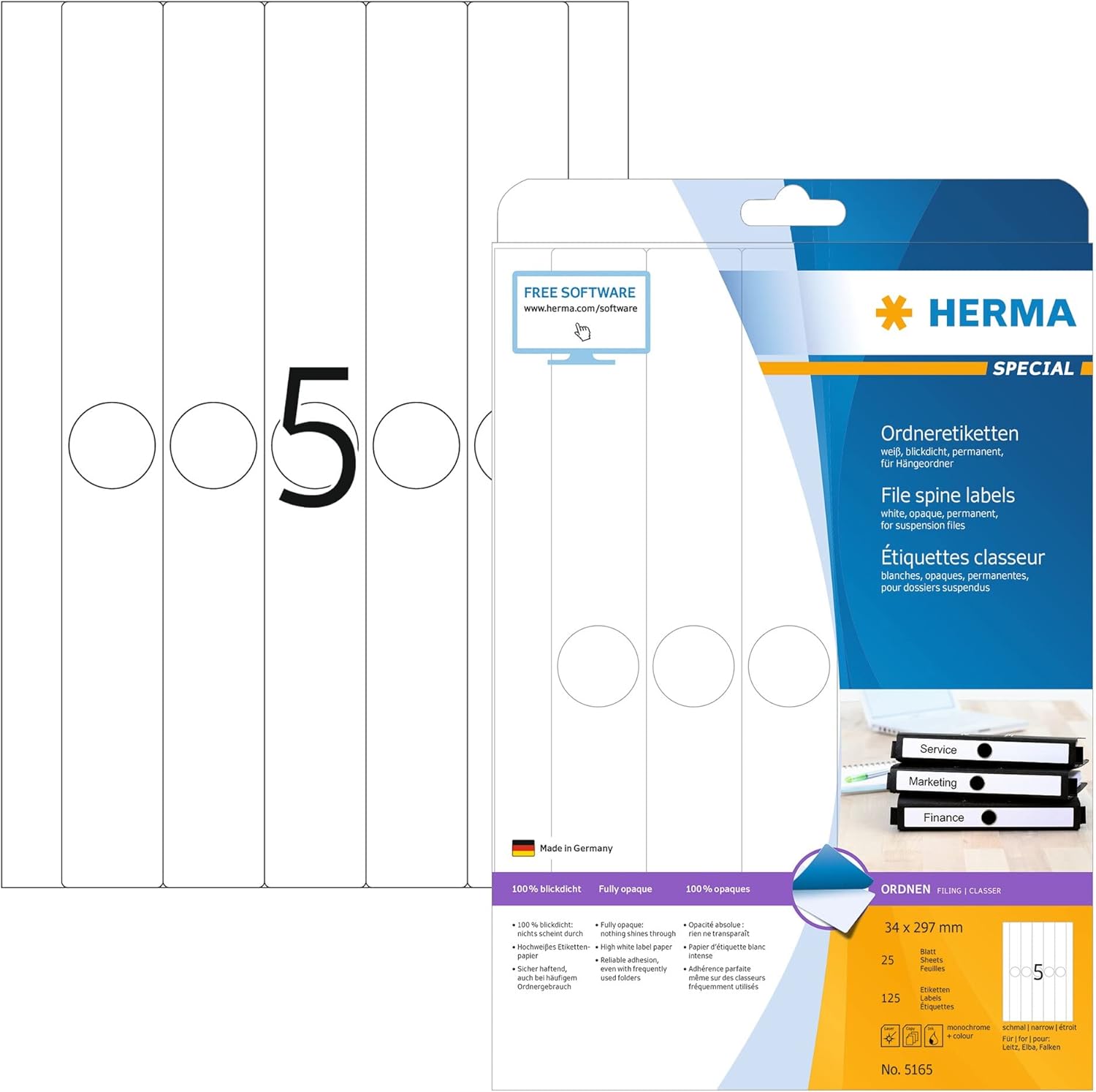 HERMA Self Adhesive Suspension Lever Arch File Labels, 5 Labels Per A4