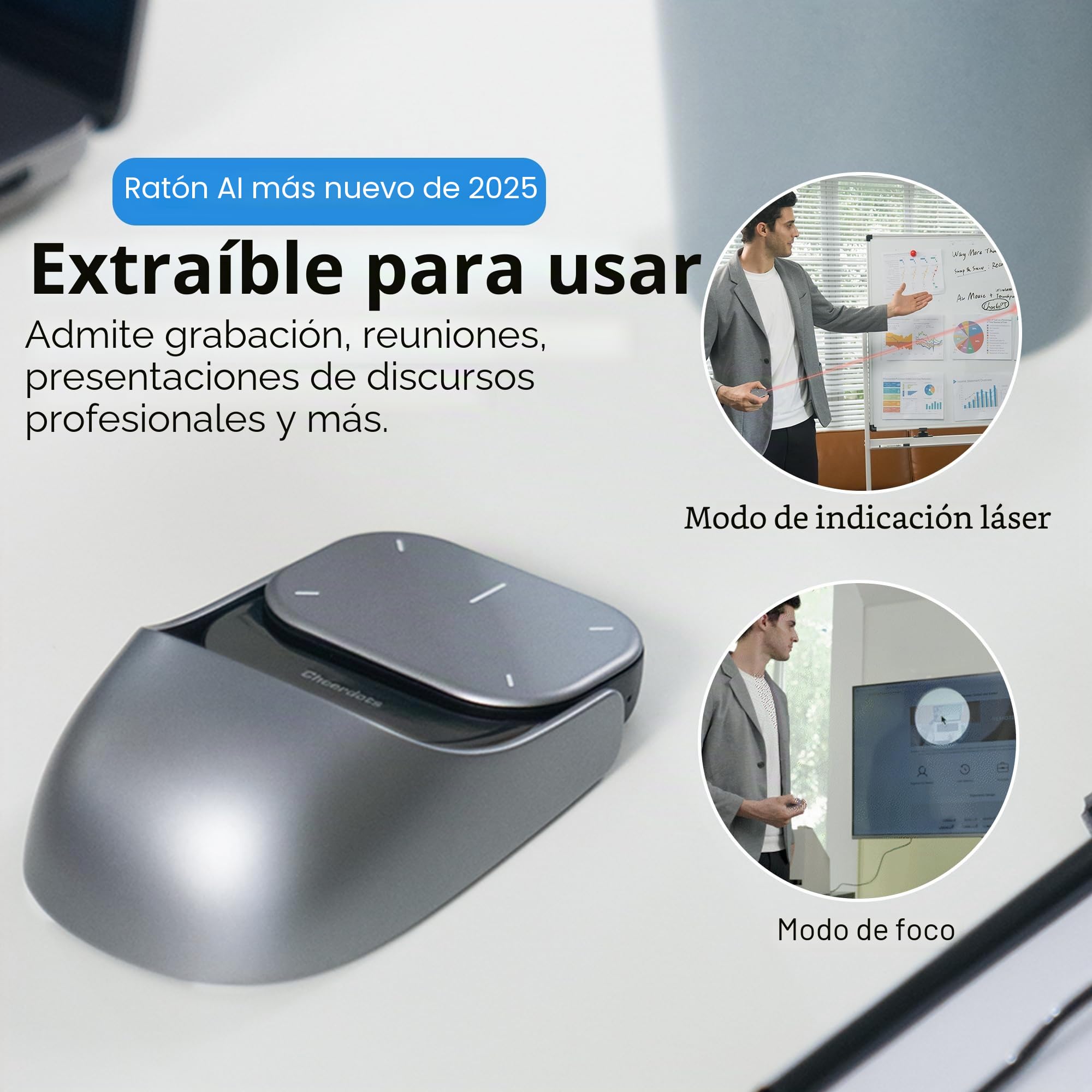 2025 Nuevo Ratón Inalámbrico - 2 en 1 Ratón Aéreo Extraíble [Sin GPT], Presentador con Puntero Láser para Presentaciones y Mando a Distancia, Compatible con PC/Mac/Portátil (Sin Grabación, Plateado)